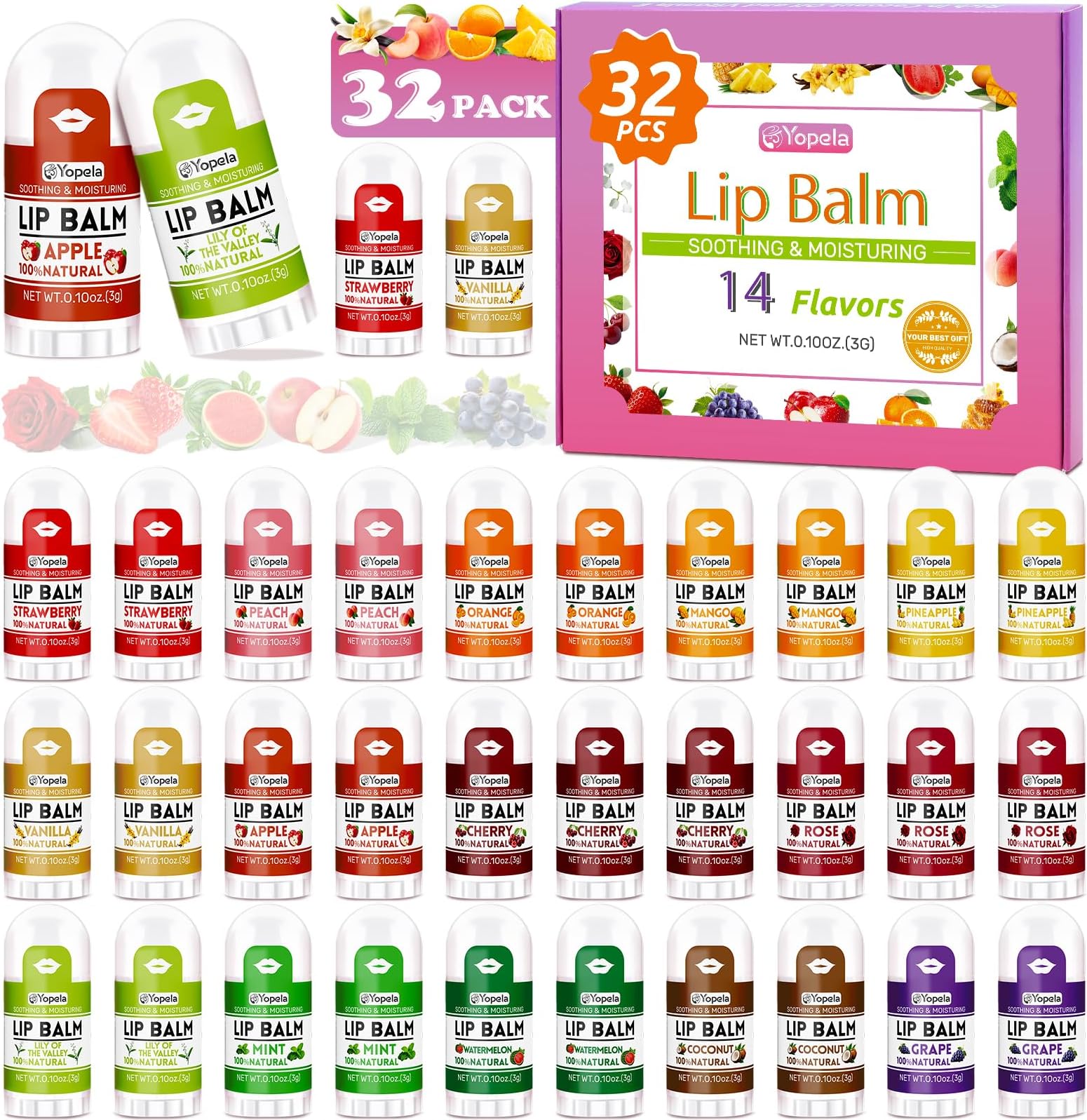 Mini Lip Balm Bulk 32 Pack, Natural Lip Balms with Vitamin E and Coconut Oil, Moisturizing and Nourishing Dry Cracked Lips,14 Flavors Chap Sticks Small Gift Party Favors for Kids Adults