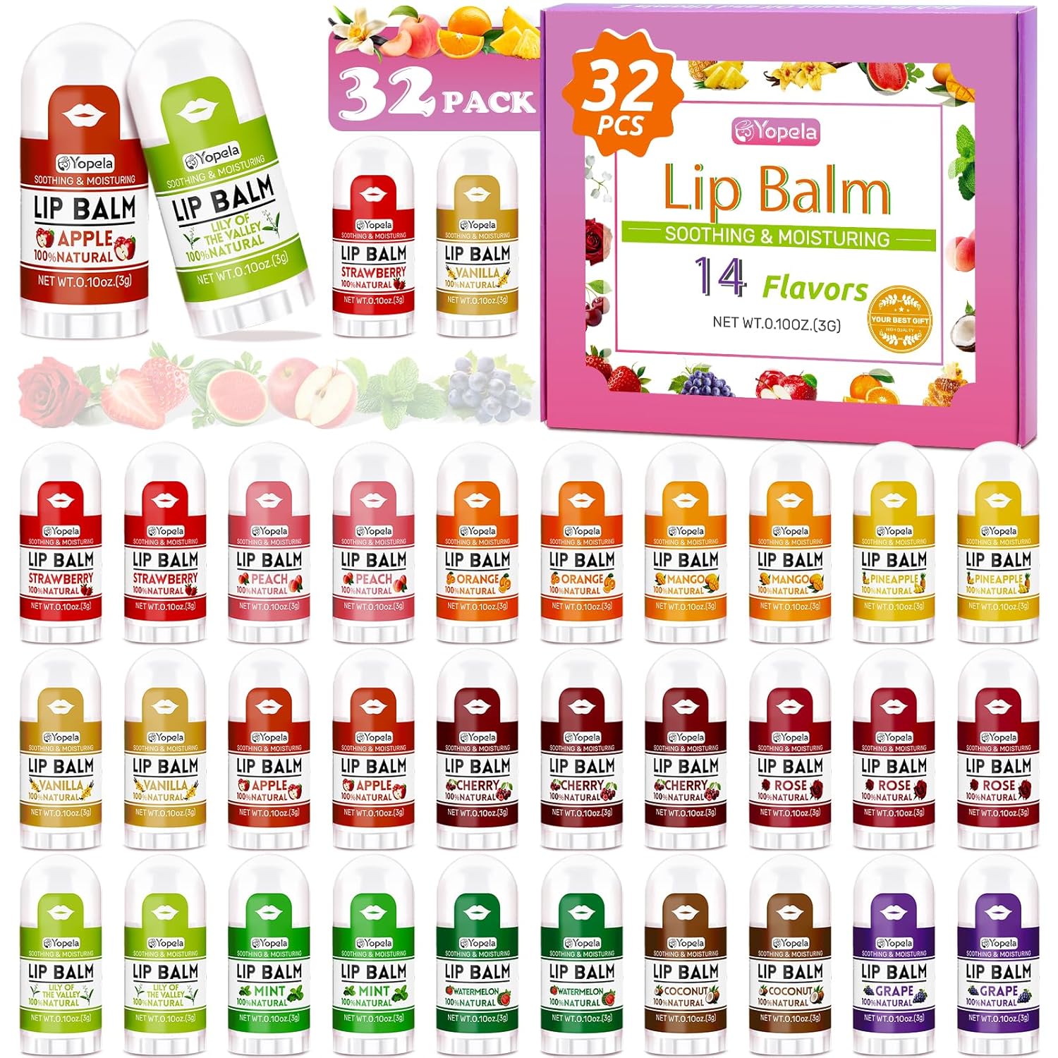 Yopela Mini Lip Balm Bulk 32 Pack Natural Lip Balms with Vitamin E and Coconut Oil Moisturizing and
