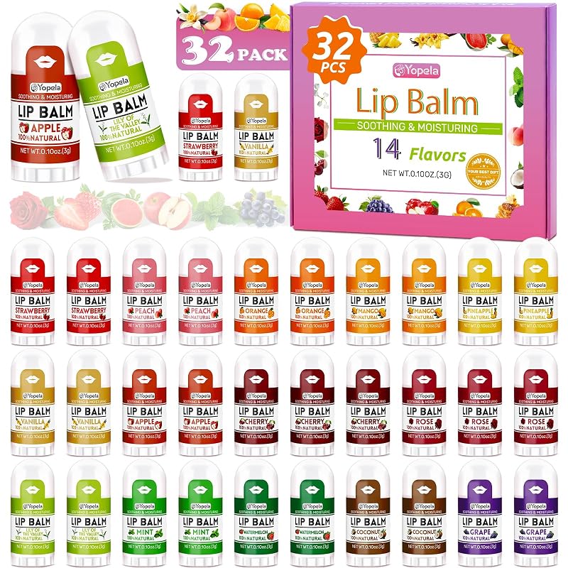 Yopela Bálsamo Labial Mini com Vitamina E e Óleo de Coco, Pacote com 32 Unidades e 14 Fragrâncias