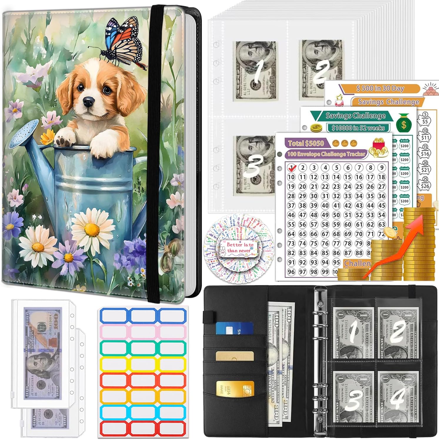 100 Envelope Money Saving Challenge Binder, PU Leathers A5 Money Saving Budget Binder with Cash Envelopes & 3 Reusable Budgeting Planner Trackers, Love Balloon Bear Pattern Fun Planner Book