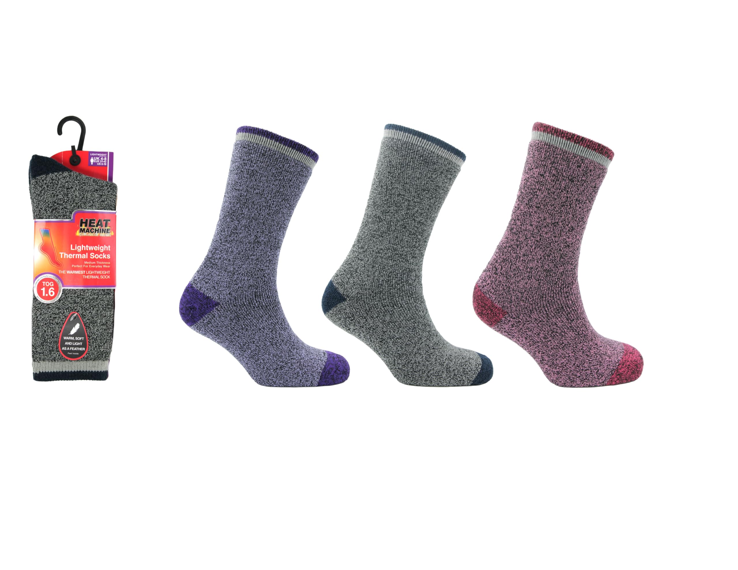 Heat Machine Women's Casual Thermal Lite Socks 3 Pairs | 1.6 Tog Warm Winter Thermal Socks For | Lightweight, Soft & Cosy Everyday Boot Socks (Uk, Numeric, 4, 8, Regular, Regular, )