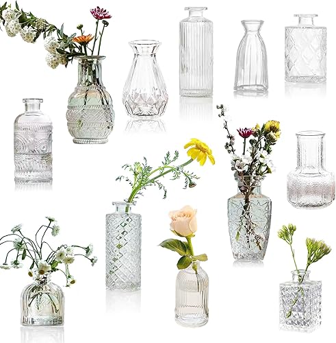Miniatura 8 de Juego de 12 jarrones de cristal, pequeños jarrones transparentes para centros de mesa, mini jarrones de vidrio a granel, jarrones vintage surtidos