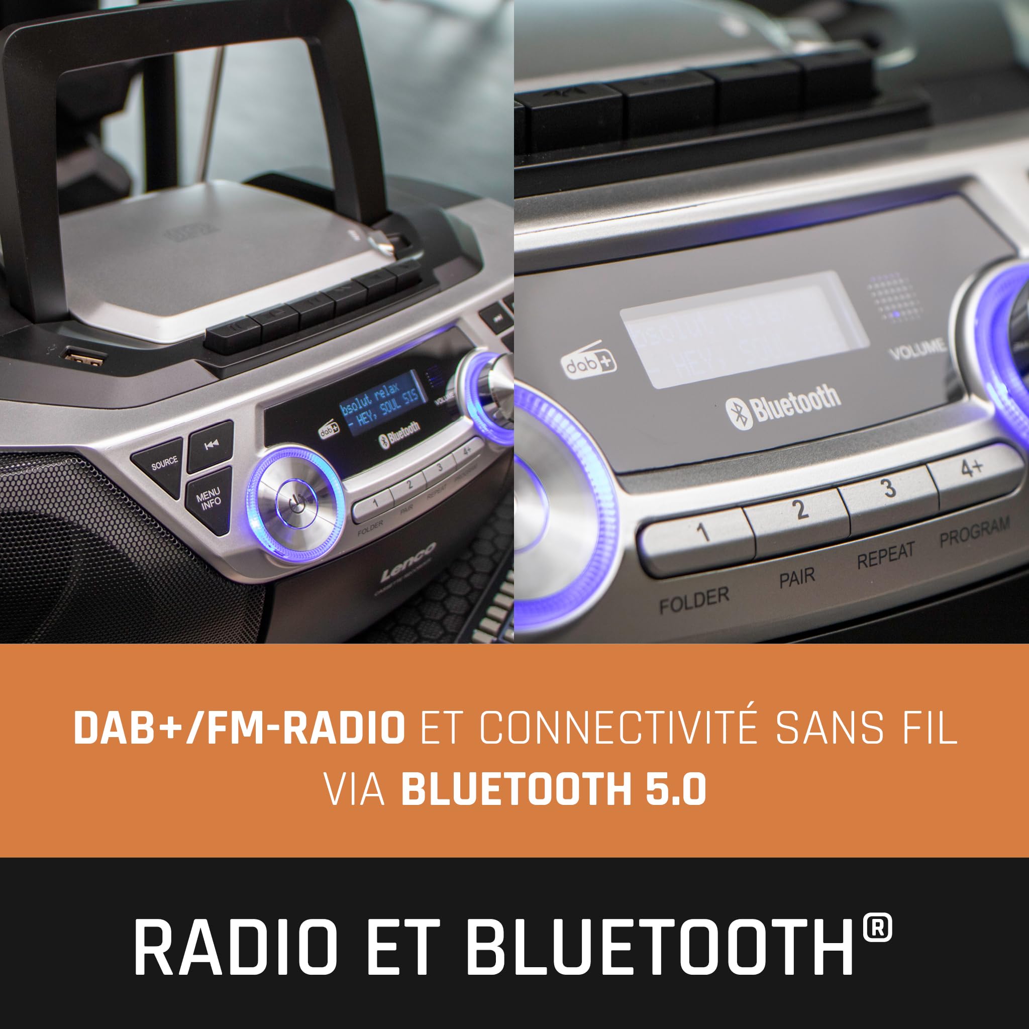 Lenco SCD-720 Lecteur CD, Dab+, Lecteur CD Portable, CD Player, Boombox, Bluetooth 5.0, Lecteur CD/MP3, Lecteur de Cassettes, Radio FM, Port USB, 2 x 6 W RMS et Bass Reflex, télécommande, Argent