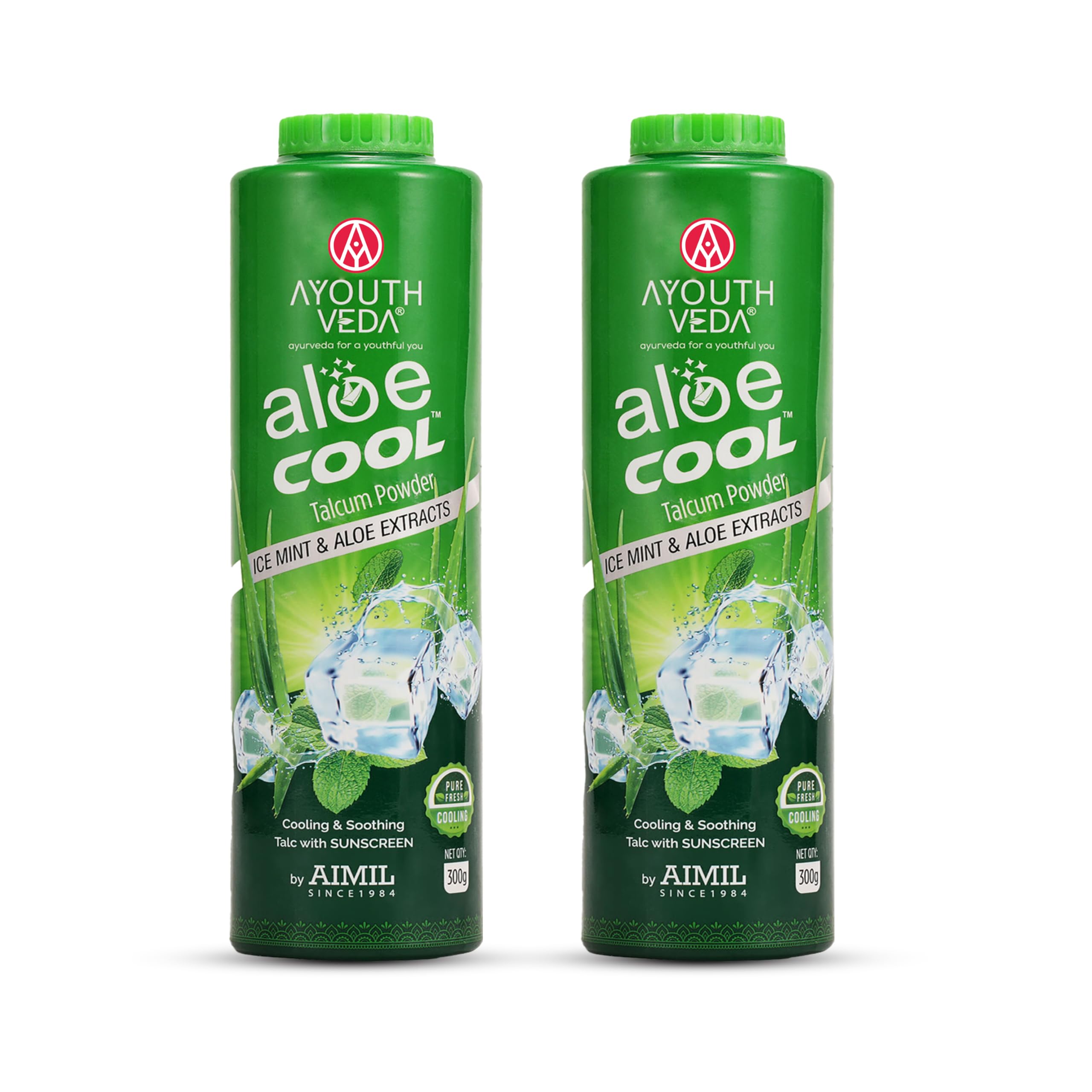 Ayouthveda Aloe Cool Talcum Powder with Ice Mint, Camphor & Aloe Extracts for Cooling, Sweat Absorption & Skin Comfort | Helps Soothe Heat, Itching & Irritation | Lightweight, Refreshing & Non-Sticky Formula | Suitable for Daily Use | 300 g + 300 g Free