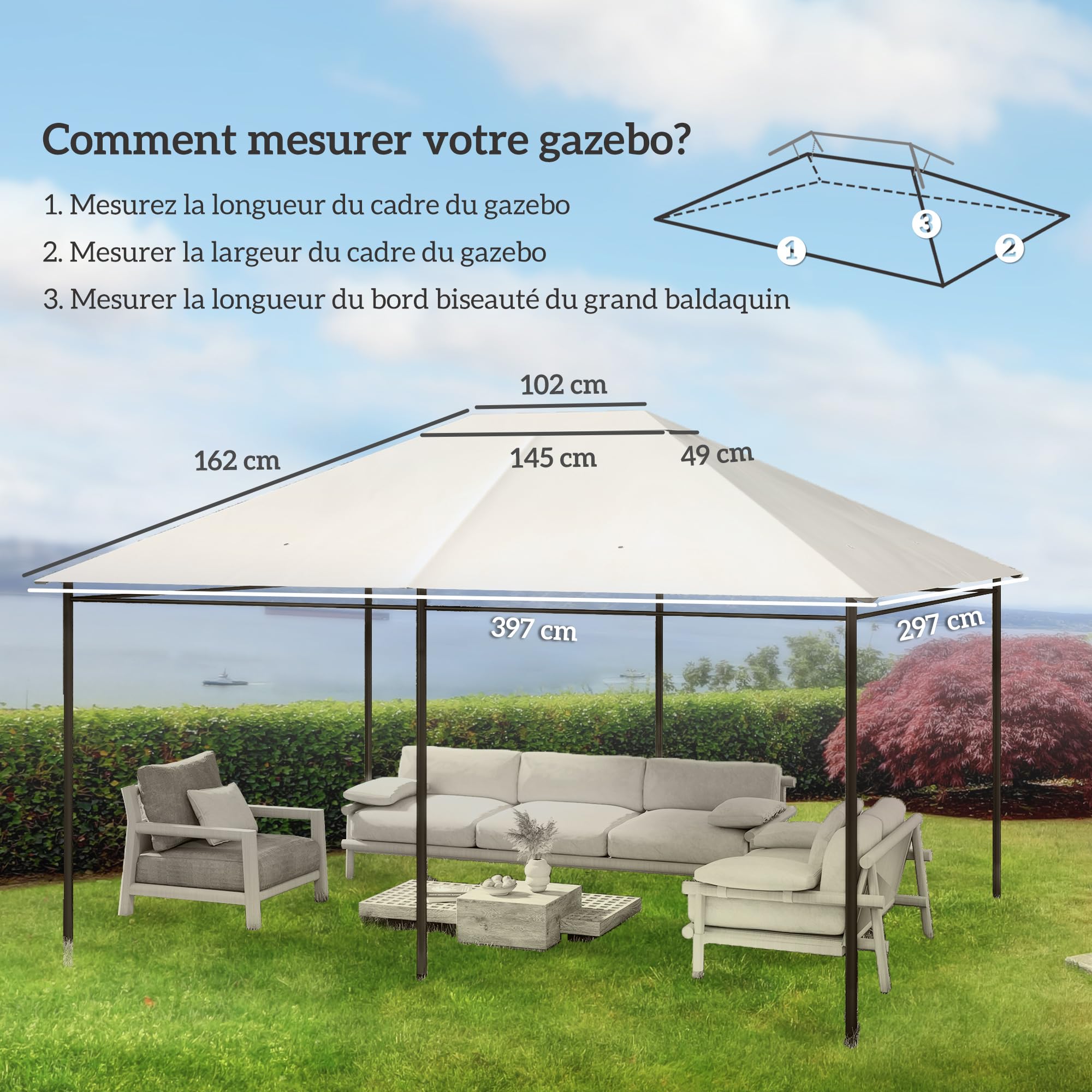 Outsunny - Lienzo de repuesto para pabellón carpa de techo de repuesto, cenador de jardín, tejido de poliéster de alta densidad, 180 g/m², anti UV, 3 x 4 m, color crema