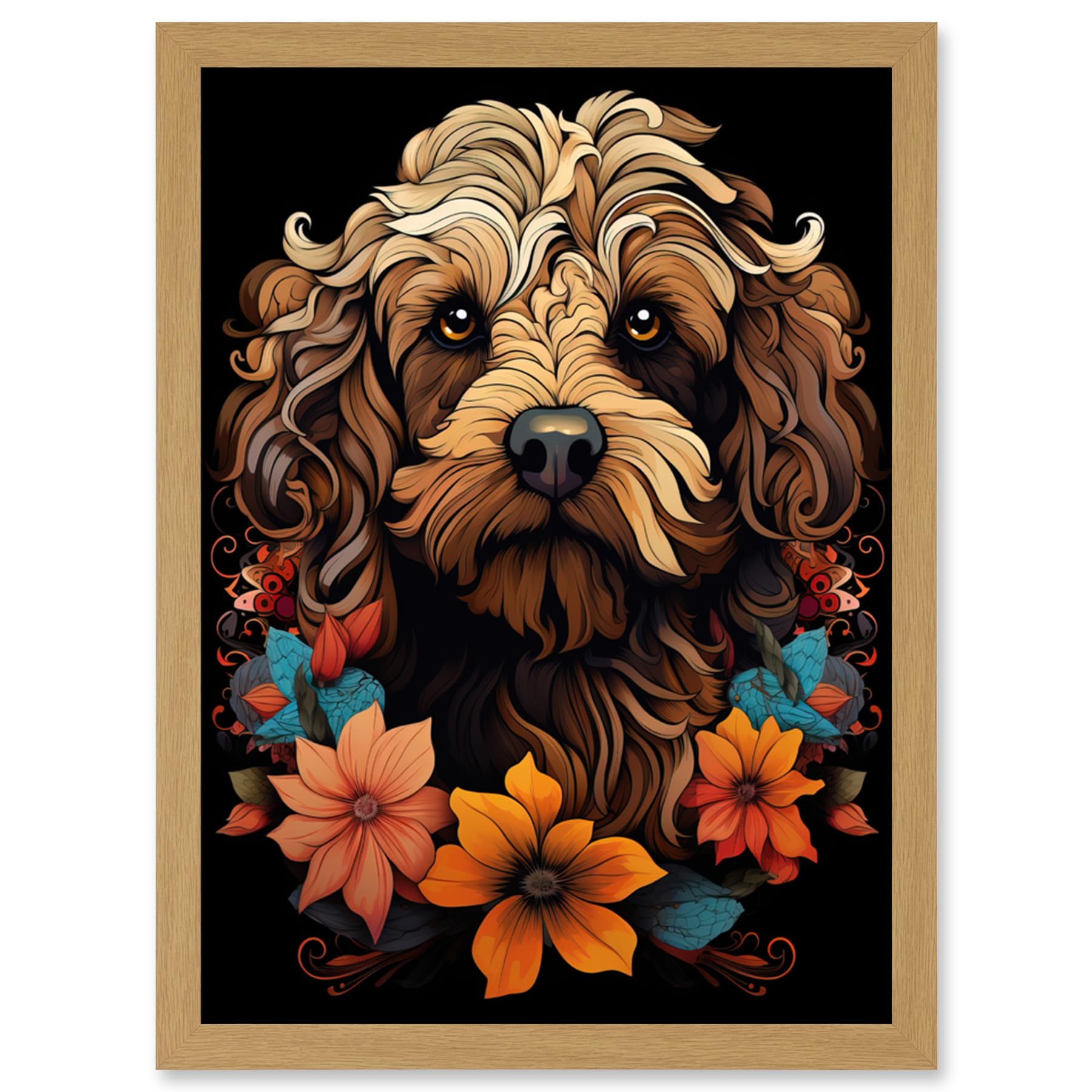 Artery8 Cockapoo Dog with Flowers Artwork Orange Brown Blue Floral Art Nouveau Portrait on Black Artwork Framed Wall Art Print A4