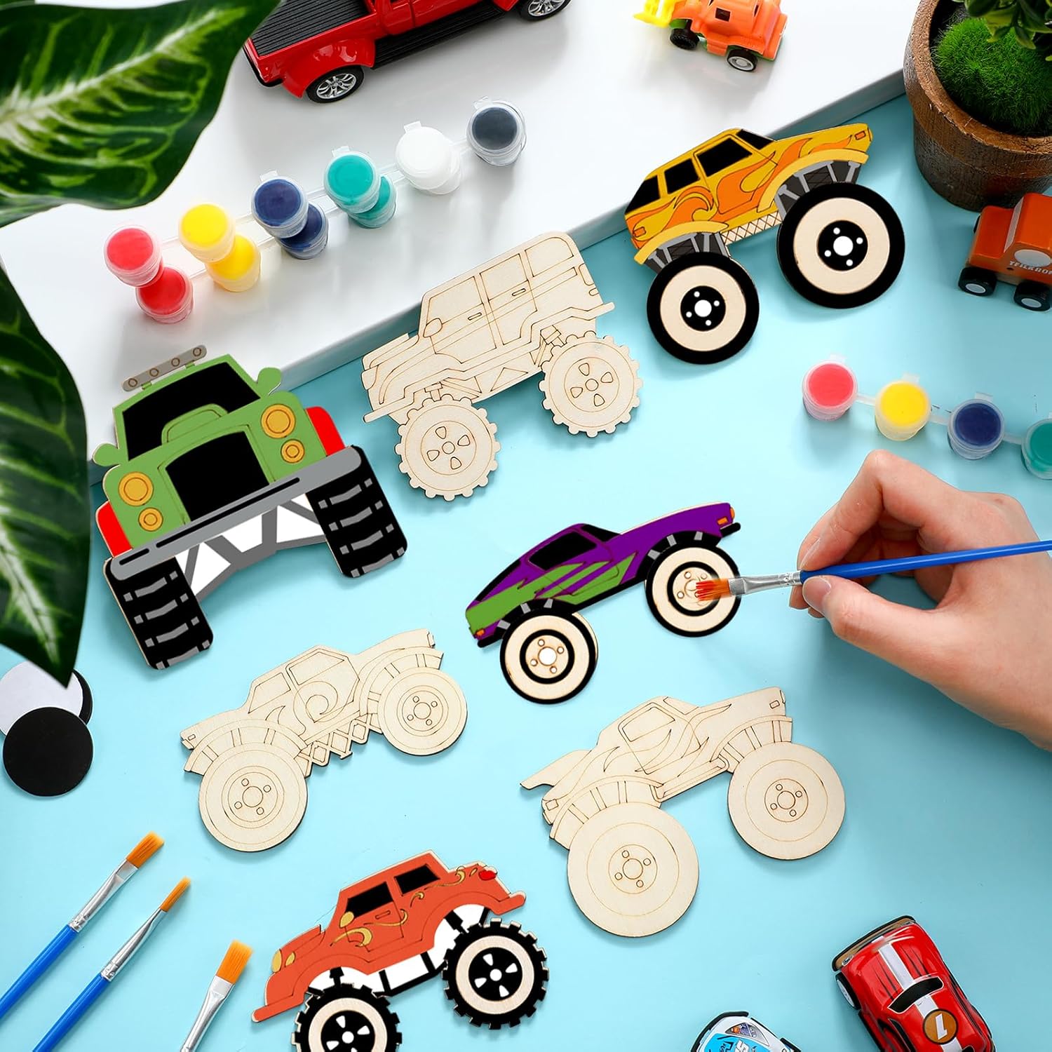 24 Pcs Unfinished Wood Monster Truck Cutouts Crafts Truck Party Favors Vehicles to Paint Wooden Car Magnets Ornaments DIY Tags Gift for Car Party Decoration Craft Project - Image 5