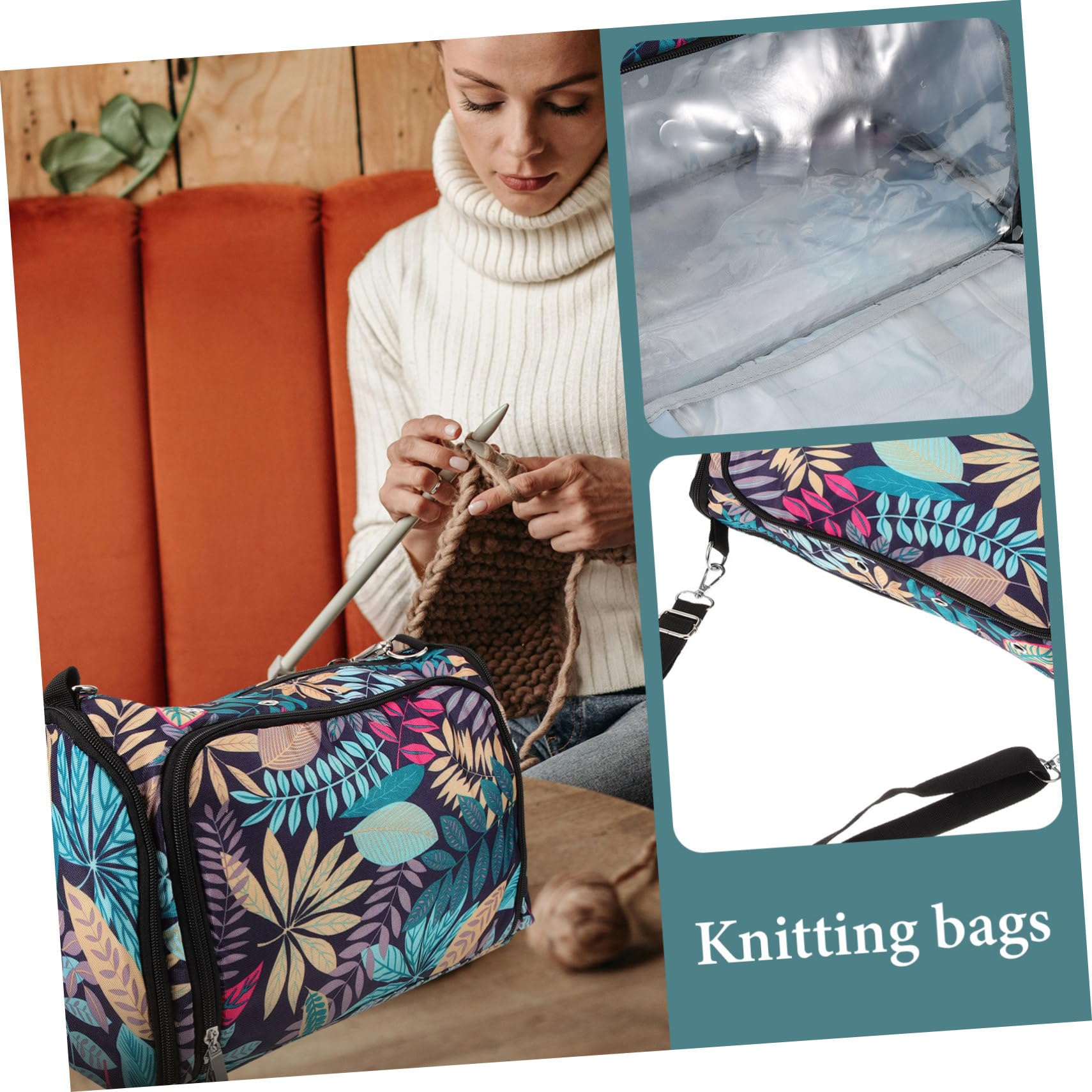 Gadpiparty Bolsa Organizadora para Hilo y Agujas de Tejer, Tela Oxford, Doble Capa Cremallera, Portátil para Ganchillo y Costura