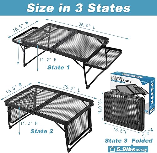 Miniatura 9 de Mesa de camping familiar plegable con 2 paneles de alas, mesa de parrilla de metal con mesa de malla, 2 alturas ajustables, mesa grande de picnic y
