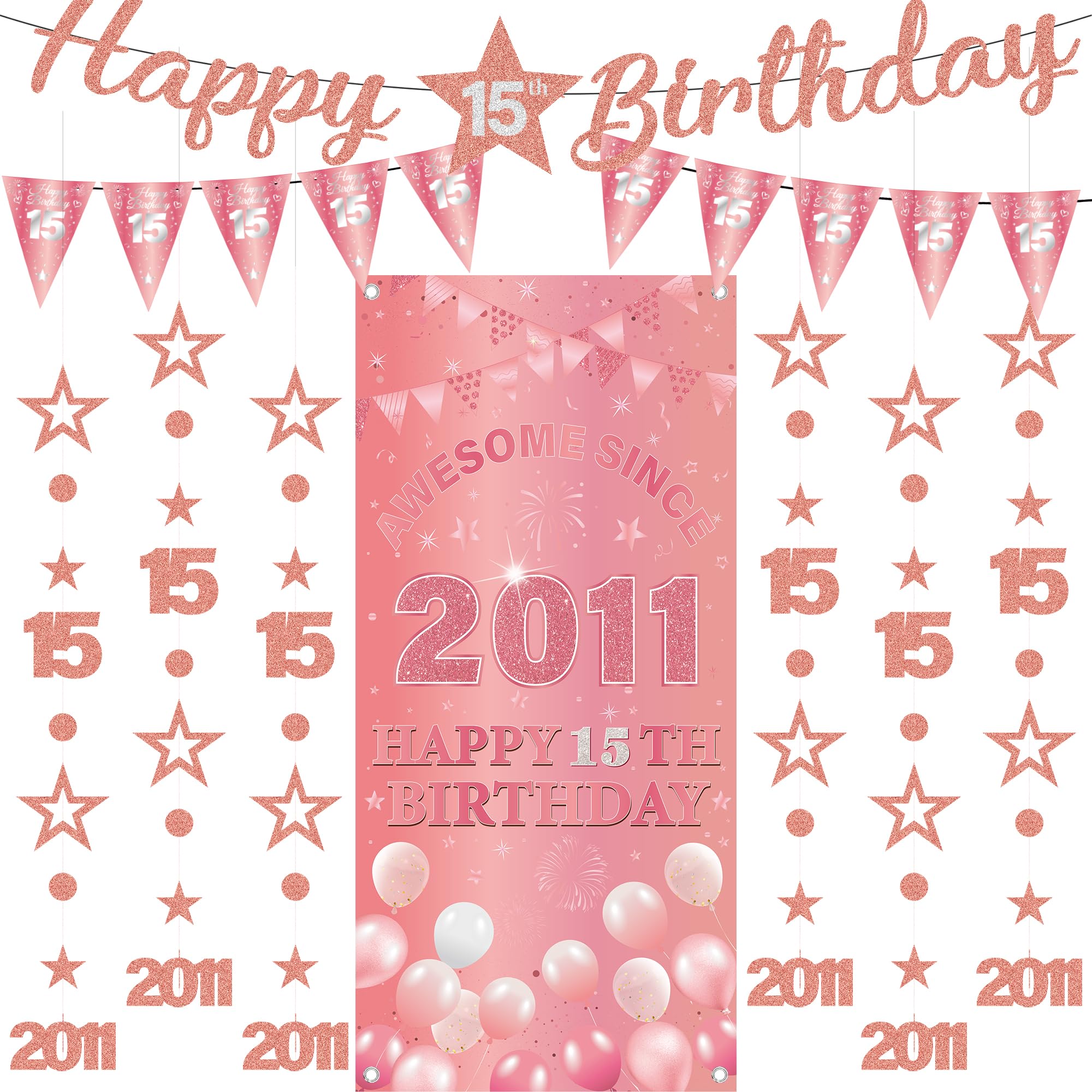 15th Birthday Decorations Girls Banners - 9 Pcs Rose Gold Happy Birthday Banner Awesome Since 2011 Curtain Twinkle Star Dot Hanging Streamer Pennant for Girl 15 Years Old Party Wall Decor Supplies