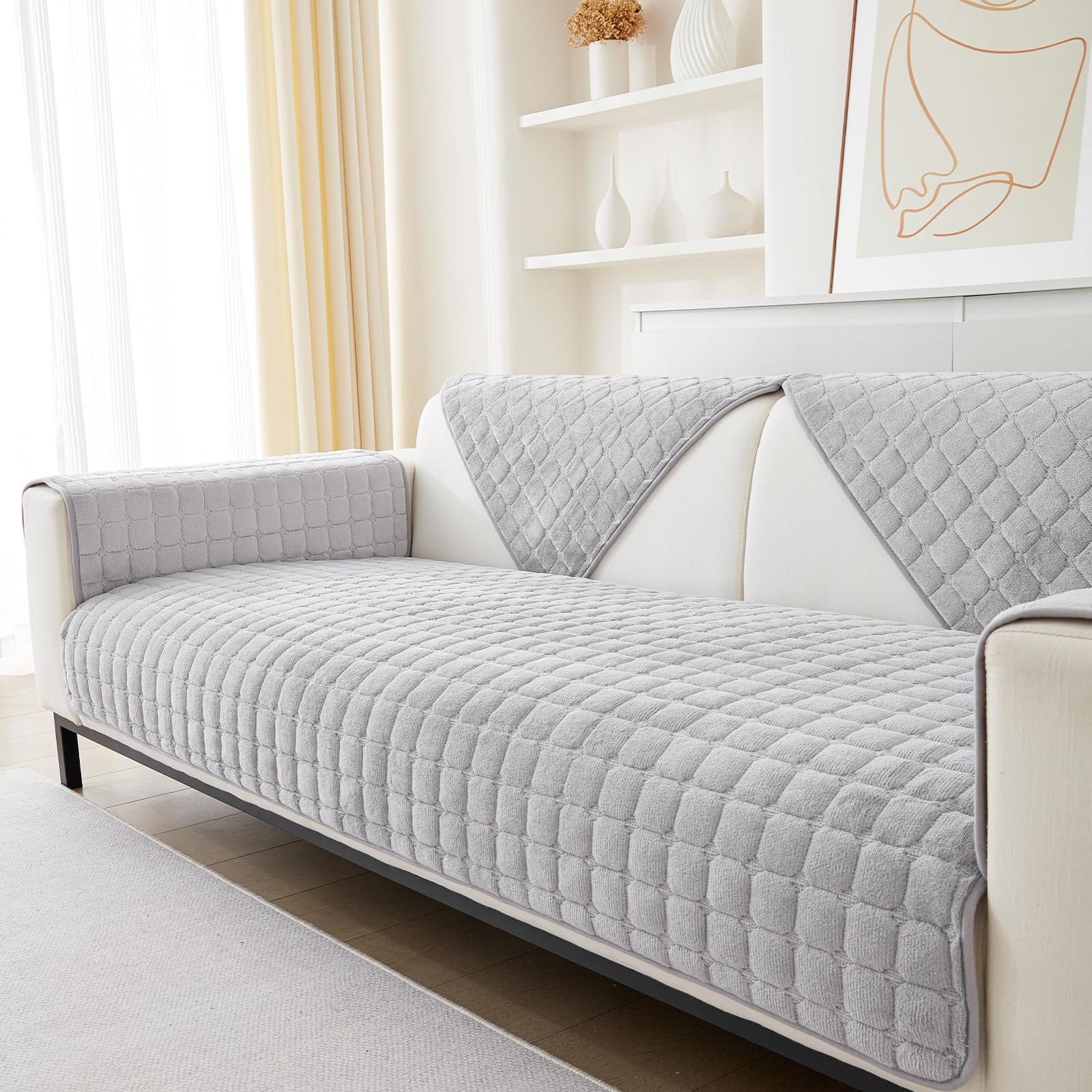 Sofa Cover 1 2 3 Seater Couch Cover, Universal Non-Slip Corner Sofa Cover L Shape Super Soft Velvet Sofa Slipcovers, Home Soft Protector for Living Room(Grey, 90 * 90cm Seater Cover 1 PCS SOLD) โ image 1