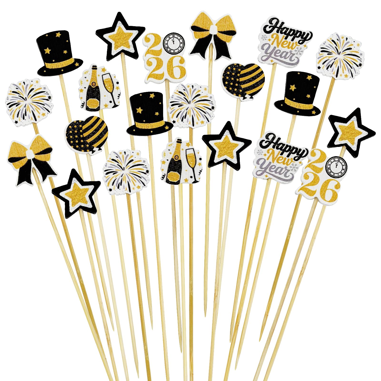 200PCS Happy New Year Wooden Cocktail Picks 2026 – New Year Eve Appetizer Fruits Sticks Toothpicks Cupcake Toppers Party Supplies Decorations
