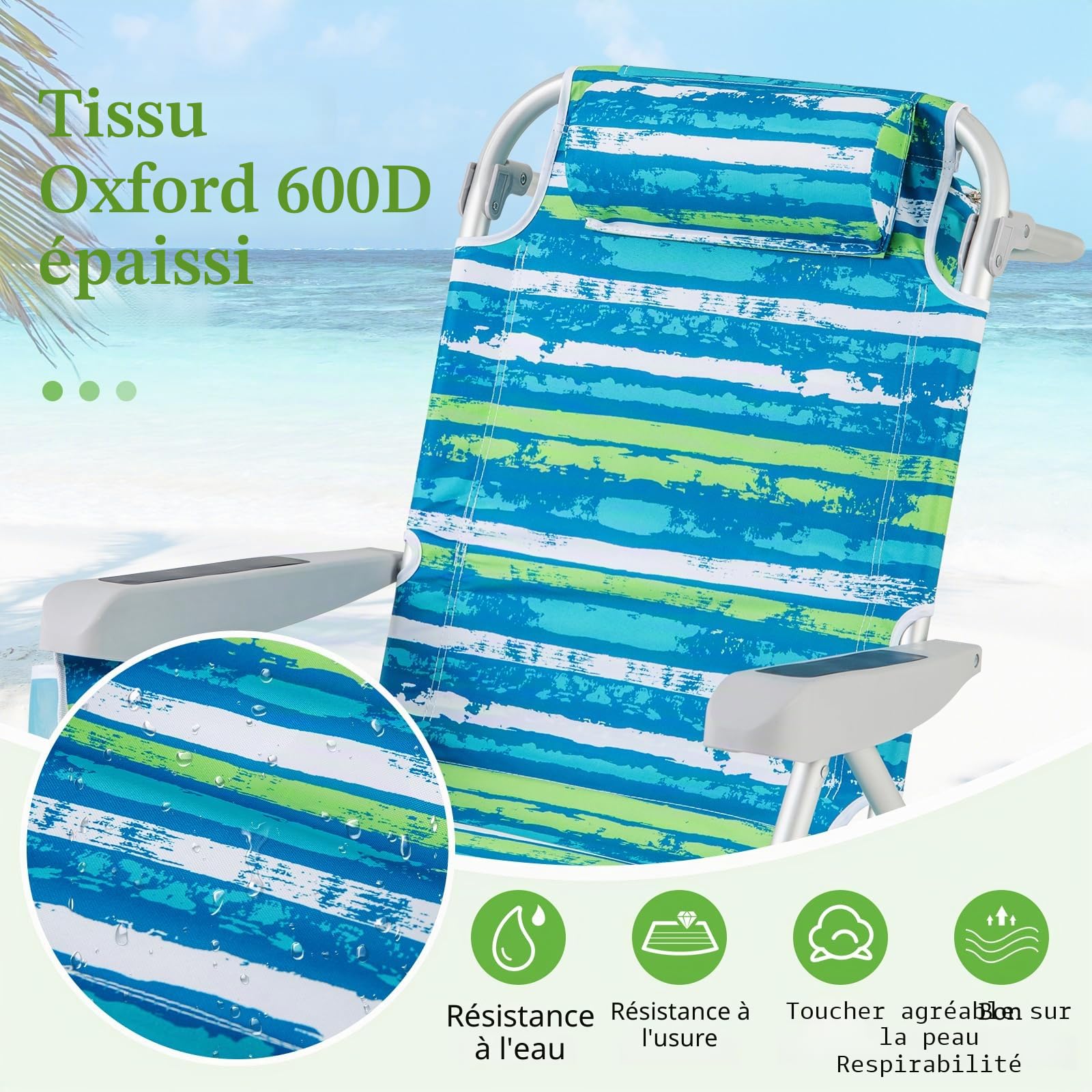 GIANTEX Chaise de Plage Pliable avec Sac à Dos, Chaise de Camping en Aluminium, Dossier Réglable en 5 Positions, Poches de Rangement, Appuie-tête Amovible (65 x 66 x 78 cm,Bleu + Vert,1)