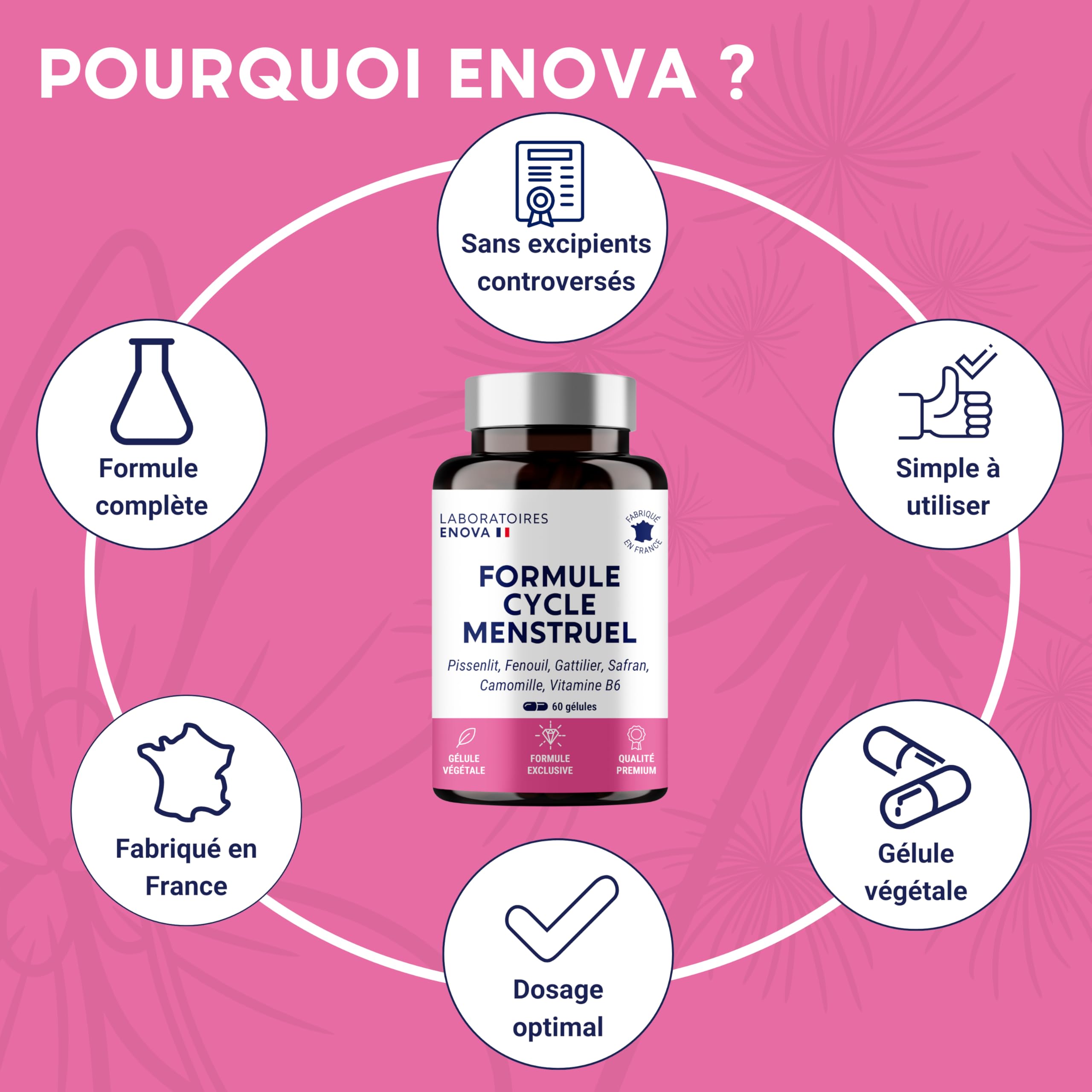 FORMULE CYCLE MENSTRUEL | SPM + Règles douloureuses | Pissenlit, Fenouil, Gattilier, Safran, Grande Camomille, Vitamine B6 | Complement Alimentaire 100% Naturel | 60 Gélules | Fabriqué en France