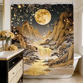 Abstract Gold Waterfall Shower Curtain 60Wx72L Inch Landscape Scene Nature Mountain Moon Night Aesthetic Bathroom Set Accessories Decor with 12 Pack Hooks