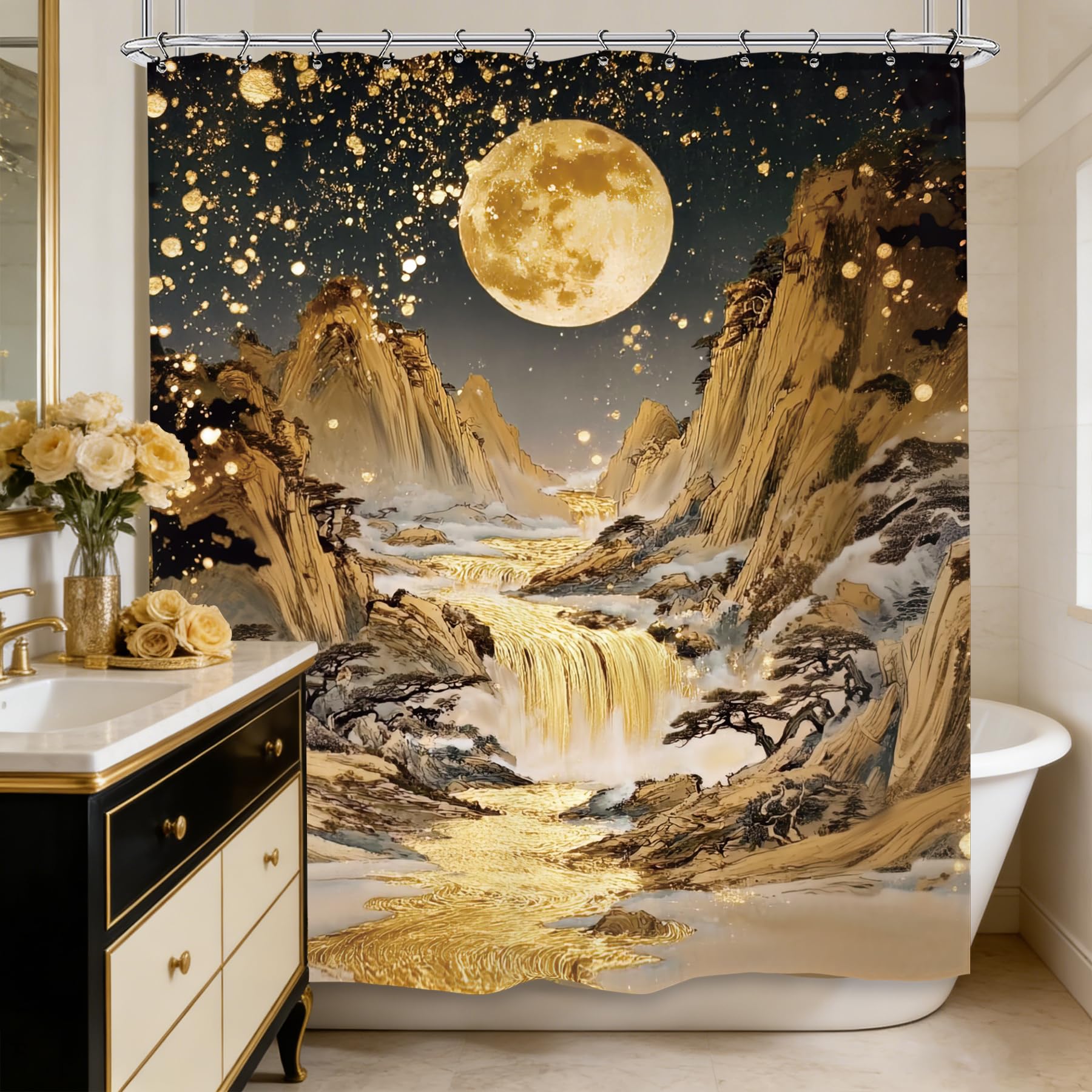 Kalmico Abstract Gold Waterfall Shower Curtain 60Wx72L Inch Landscape Scene Nature Mountain Moon Night Aesthetic Bathroom Set Accessories Decor with 12 Pack Hooks — image 1