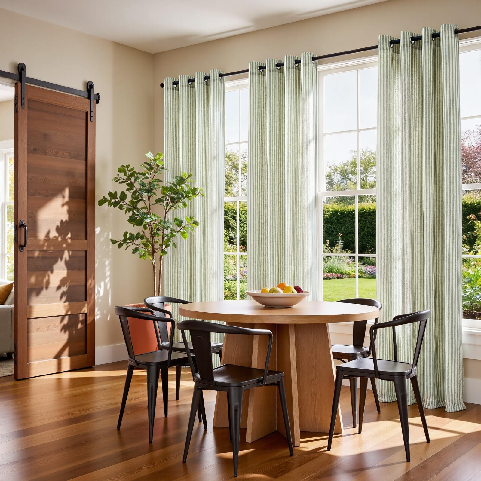 Vangao Lot de 2 Rideaux de fenêtre en Lin à Rayures coutil filtrant la lumière – Rideaux de fenêtre à Rayures Vertes Fines imprimées sur Beige – 160 cm de Long – pour Salon, Chambre à Coucher