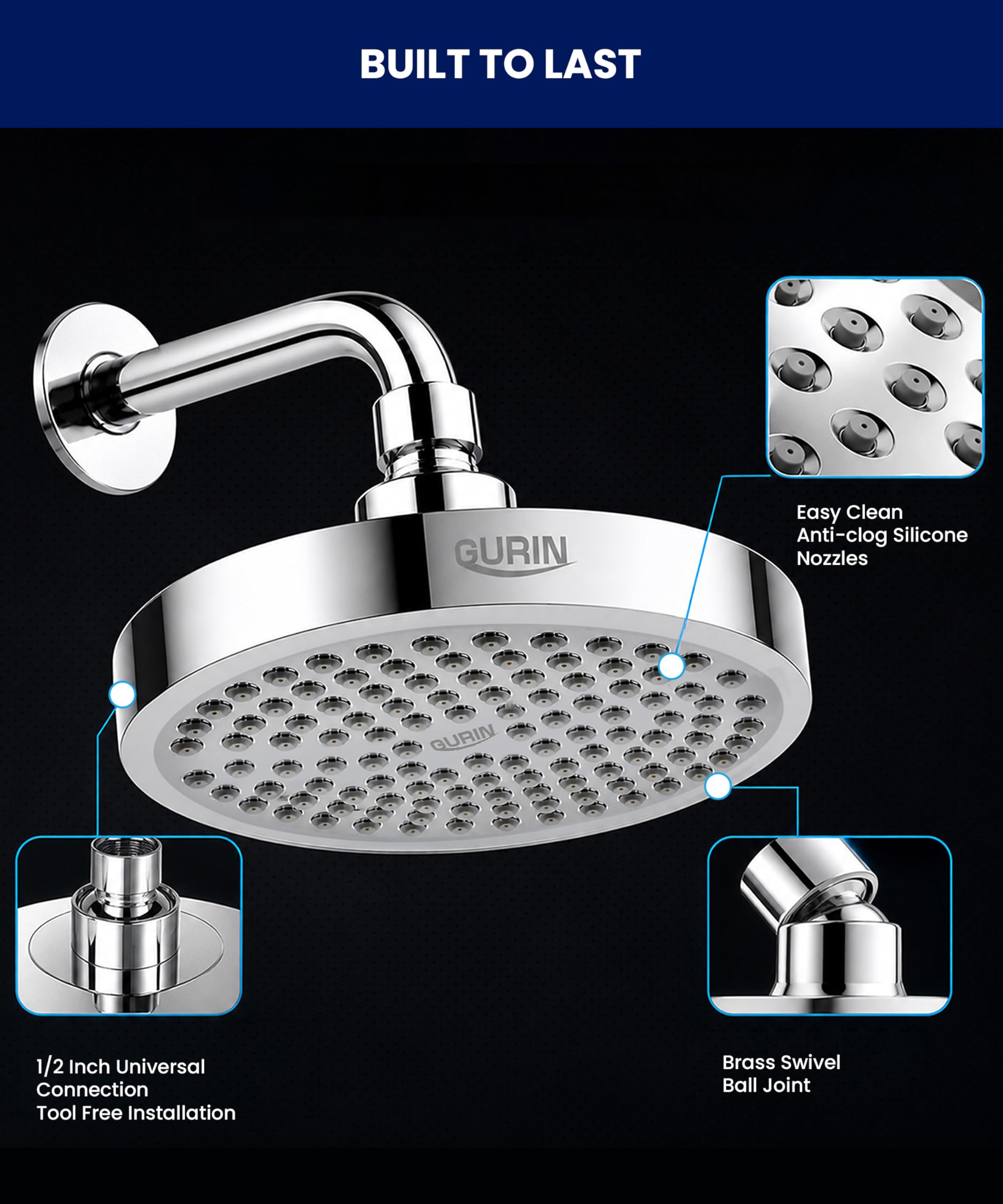 Cabezal de ducha de alta presión Gurin. Lujosa alcachofa de ducha para baño con acabado cromado, ángulos ajustables, difusores de silicona antiobstrucción (California 6,8 l/m)