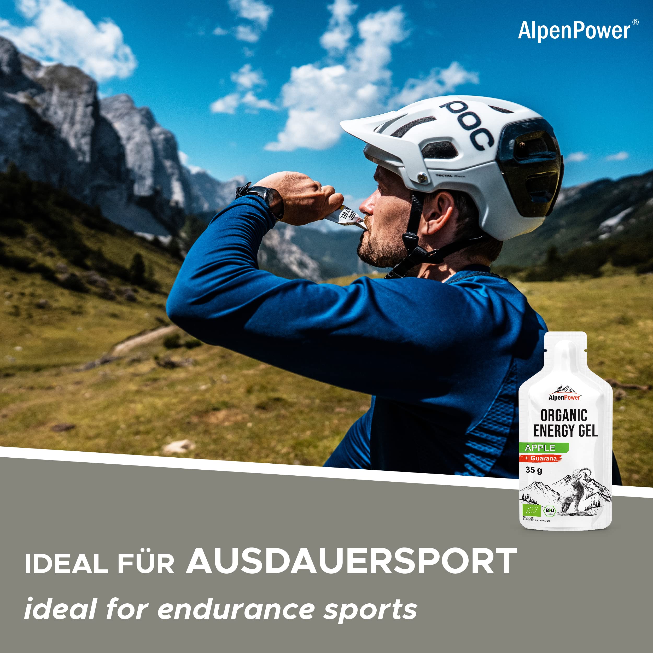 AlpenPower Bio Energy Gel Apfel 12 x 35 g - 100% natürliches Kohlenhydratgel ohne Zusätze - Mit Koffein aus Guarana - Schnelle & langanhaltende Energie - Booster für Sport
