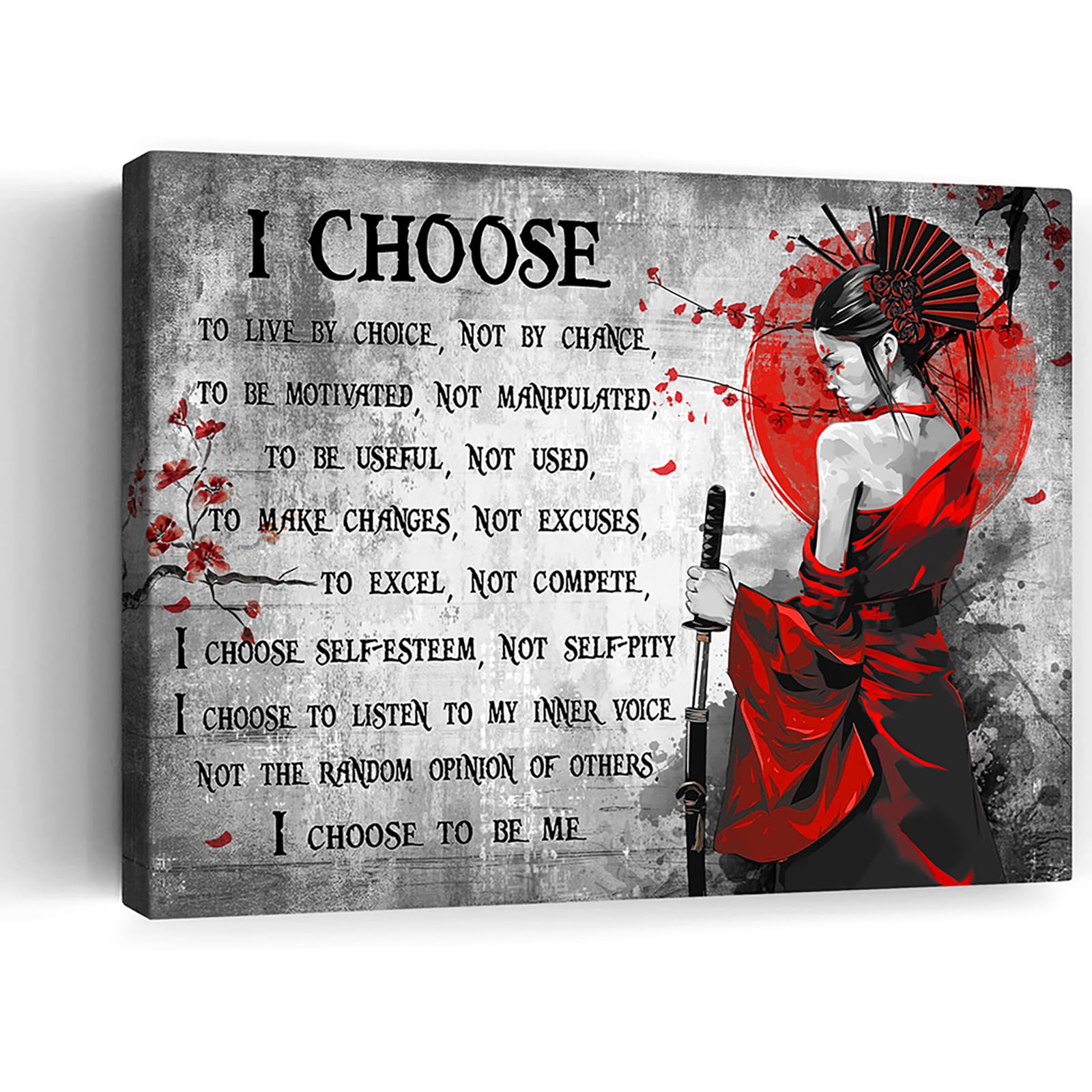 Motivational Japanese Samurai Wall Art Samurai Women Red Moon Canvas Wall Decor Inspirational Quotes I Choose Pictures Print Paintings Framed Artwork Home Decor For Office Living Room Gym 16x20 Inch