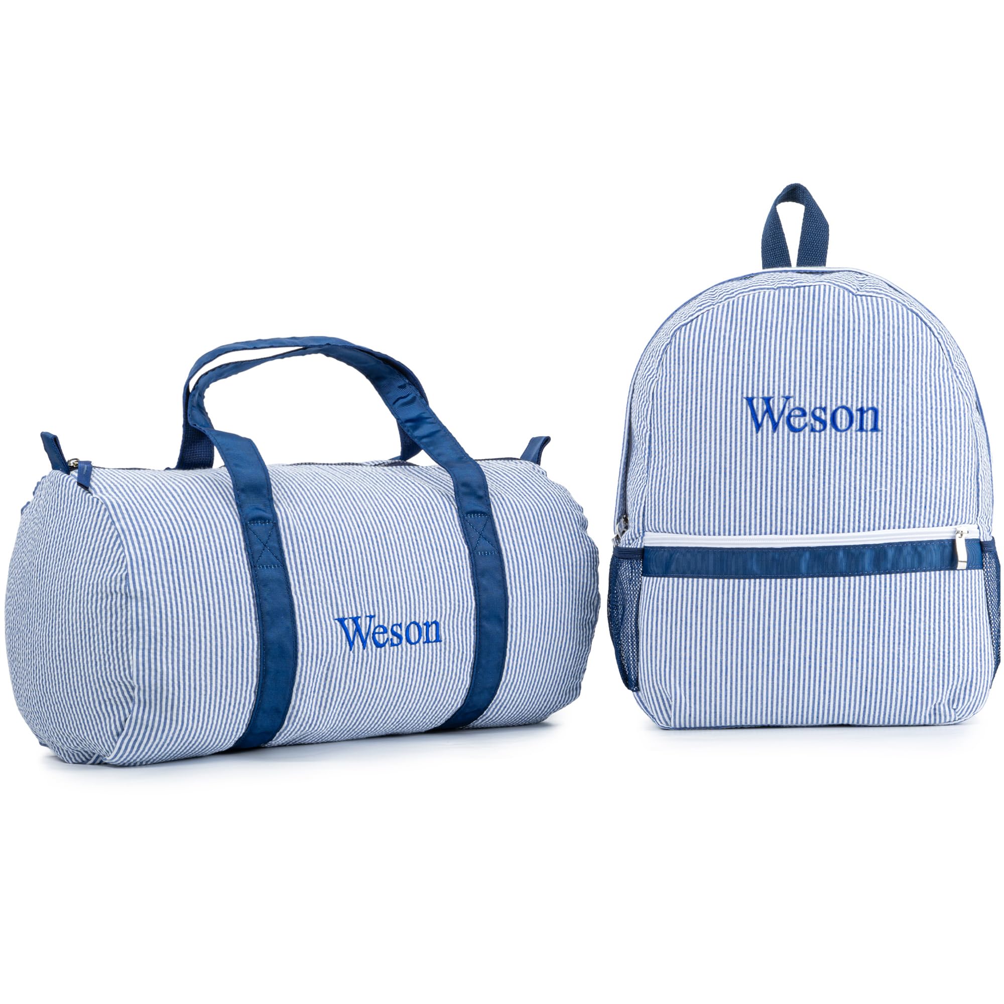 MT WORLD Daycare Backpacks and Travel Duffel Bags Set,Personalized Seersucker Backpacks Overnight Bags,Travel Daypack with Weekender Bag,Overnight