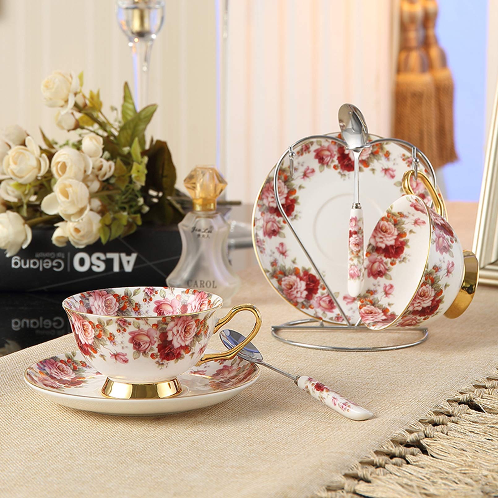 TEACUPS PORCELANIA, 200Ml, Servicio De Té Inglés, Servicio De Café con Flores, Conjunto De Café De Porcelana, Taza De Café Floral con Platillo Y Cuchara De Porcelana De Porcelana De Hueso Premium.,A