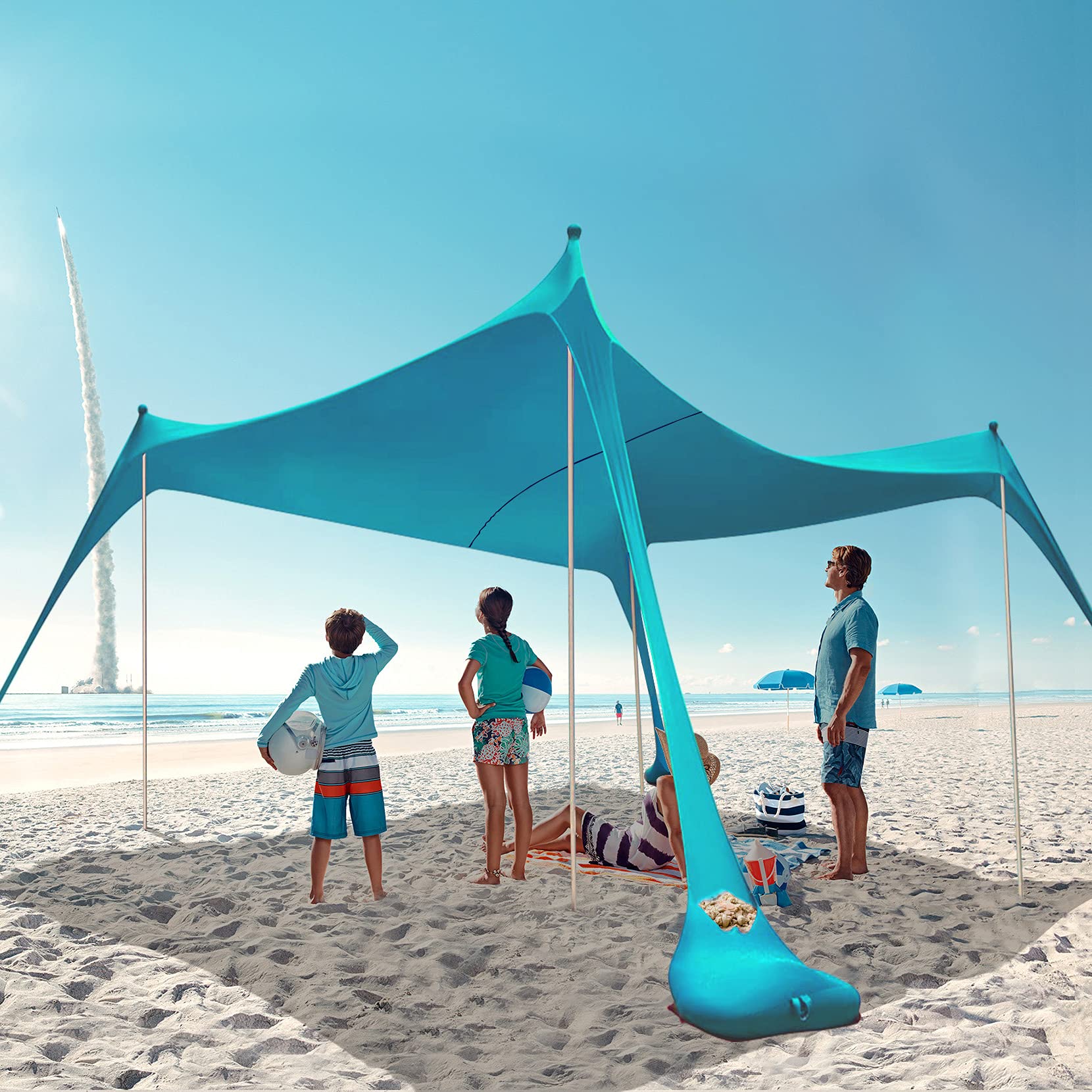 2022 Upgraded Beach Tent Canopy, HARBLAND 10X10 FT UPF50+ Beach Tent Pop Up Shade with 8 Tent Stakes, 4 Support Ropes, Carry Bag for Outdoor, Adult and Baby(4 Thickened Tip Poles, 4-8 People, Cyan)