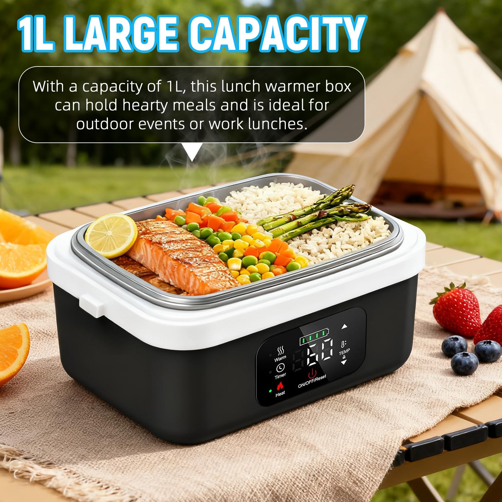 LIROPAU Elektrische Lunchbox, Tragbare Elektrische Lunchbox | mit Timer und einstellbarer Heizfunktion, 1L Electric Lunch Box für Arbeit Familie Camping Büro Auto Reisen Auf baustellen