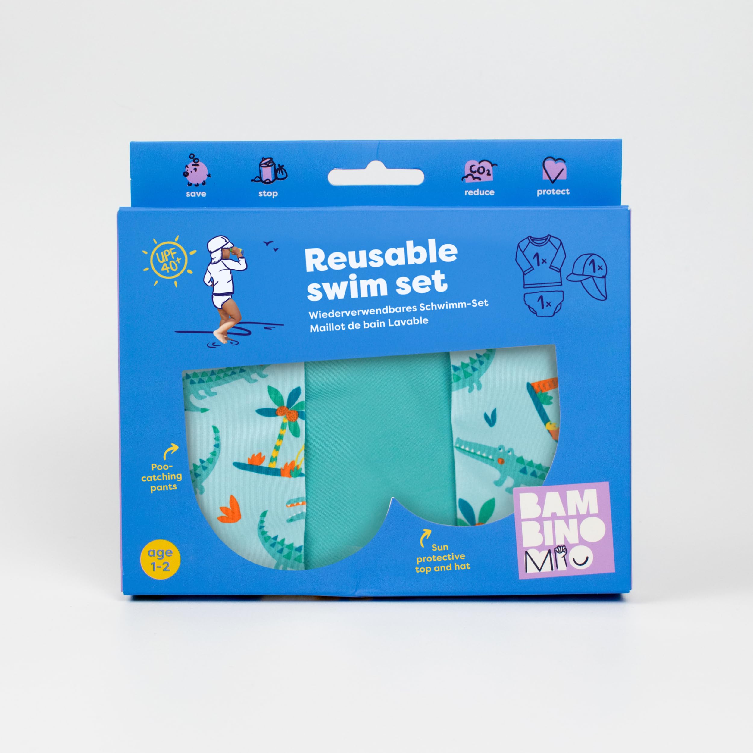 Bambino Mio Anti-UV UPF 40+ Ensemble de Bain pour bébé (0 Mois à 3 Ans), avec Couche de Bain réutilisable et t-Shirt de Bain avec Protection Solaire