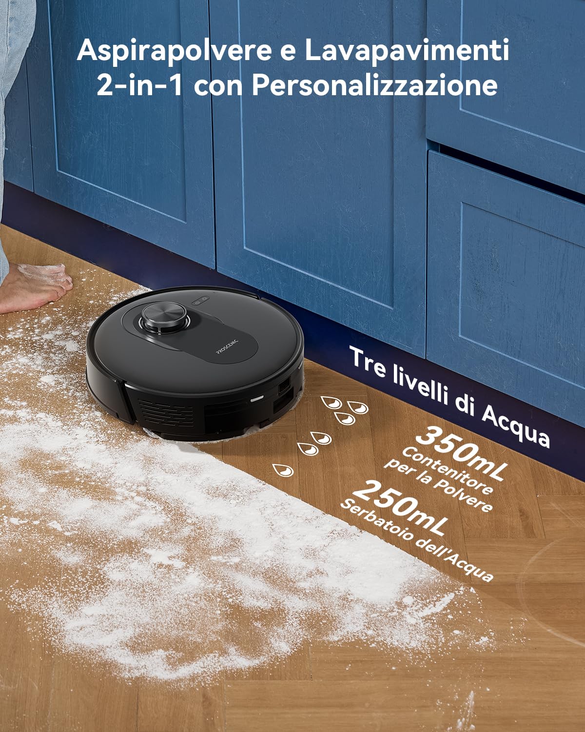 Proscenic Q8 Max Robot Aspirapolvere Lavapavimenti con Mappatura, 5000 Pa, 200 min, 60 Dias Svuotamento Automatico, Robottino Pulisci Pavimento e Lava, Navigazione LiDAR, Controllo APP/Wifi/Siri