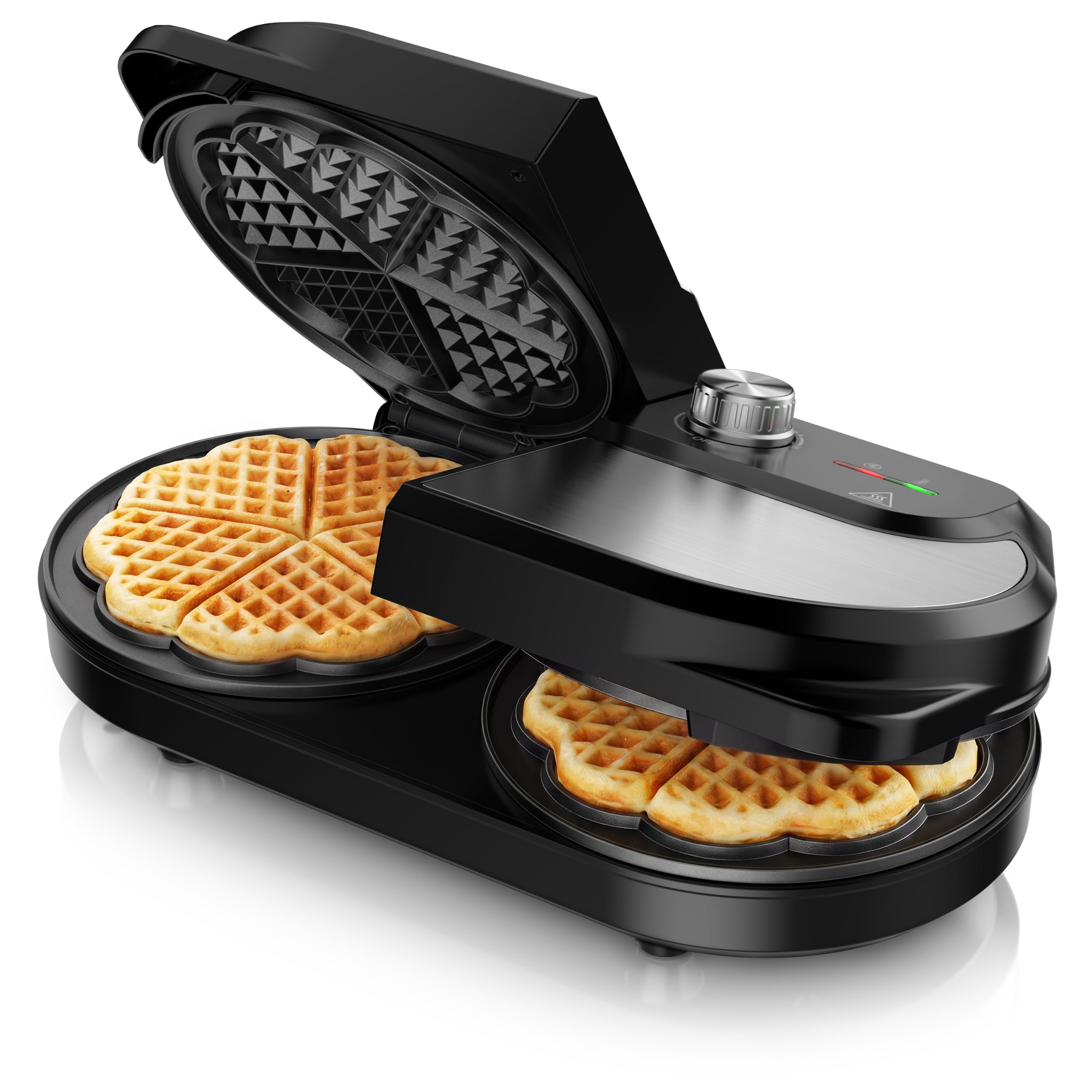 Arendo - Waffeleisen doppelt - Herzform - 2 Zonen - Temperaturregler - Antihaftbeschichtung – 1400 W - Edelstahl - silber/schwarz - BPA frei