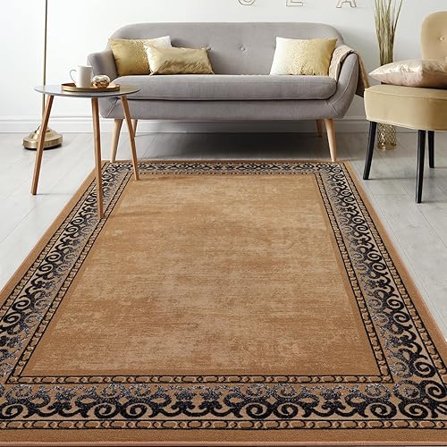 Antep Rugs Alfombras Bordered Modern 4x6 antideslizante (antideslizante) de pelo bajo con parte trasera de goma para interiores (marrón dorado, 4