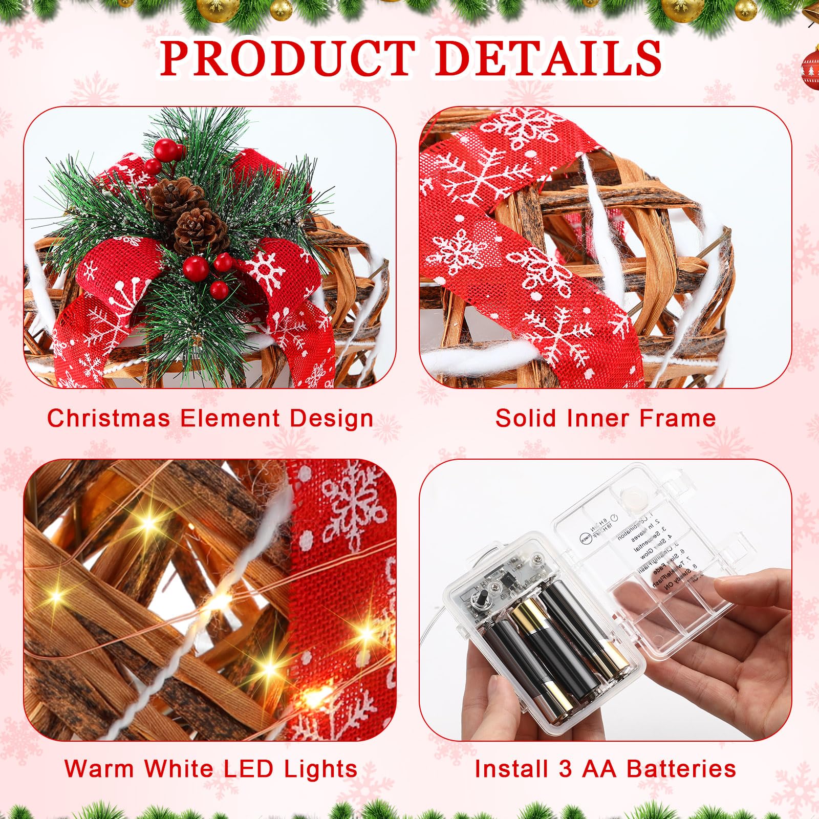 Yunlly 4 scatole regalo natalizie illuminate, decorazioni da 5 m, con luci a LED che si illuminano sotto l'albero di Natale, scatole regalo con fiocchi di nastro di pino, per interni ed esterni, feste