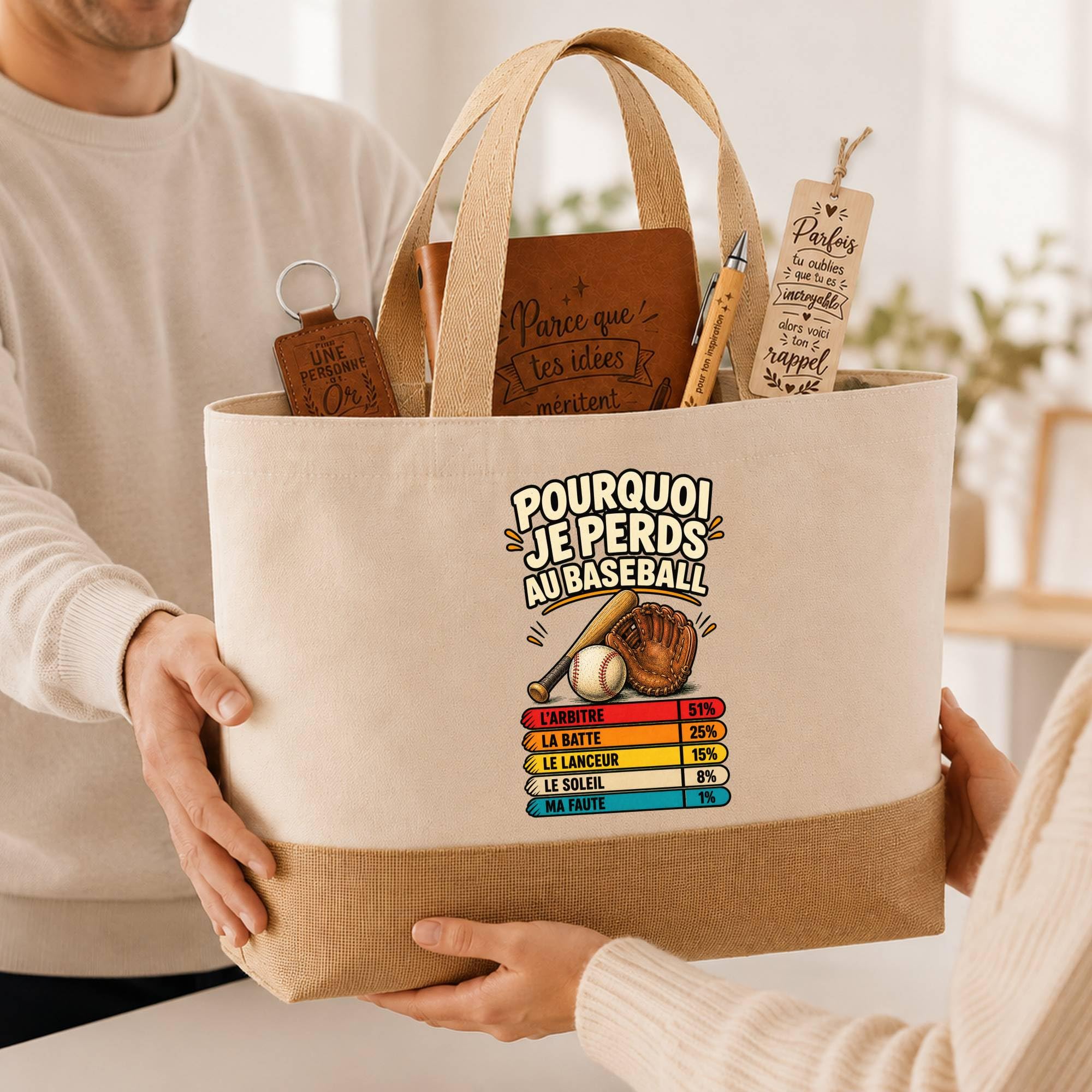 Planetee Coffret Cadeau Baseball Pourquoi je perds | Sac Cabas Coton et Jute 18 L, Carnet, Stylo Bambou, Porte-Clés, Marque-Page | 5 Pièces Gravées | Anniversaire Noël