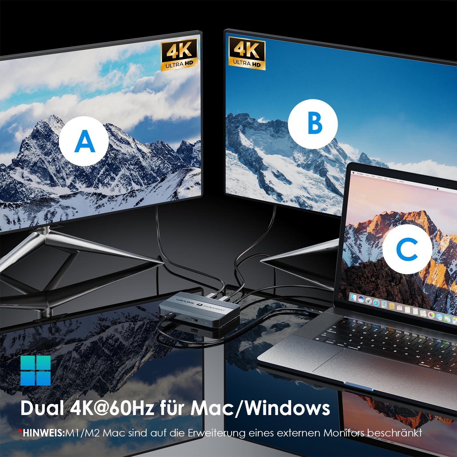Estación de acoplamiento WAVLINK Thunderbolt 4, concentrador con doble pantalla 4K @ 60Hz, alimentación de 100W, USB-A 3.2 Gen 2, para MacBook Pro/Air M1 M2 M3, ordenador portátil Thunderbolt