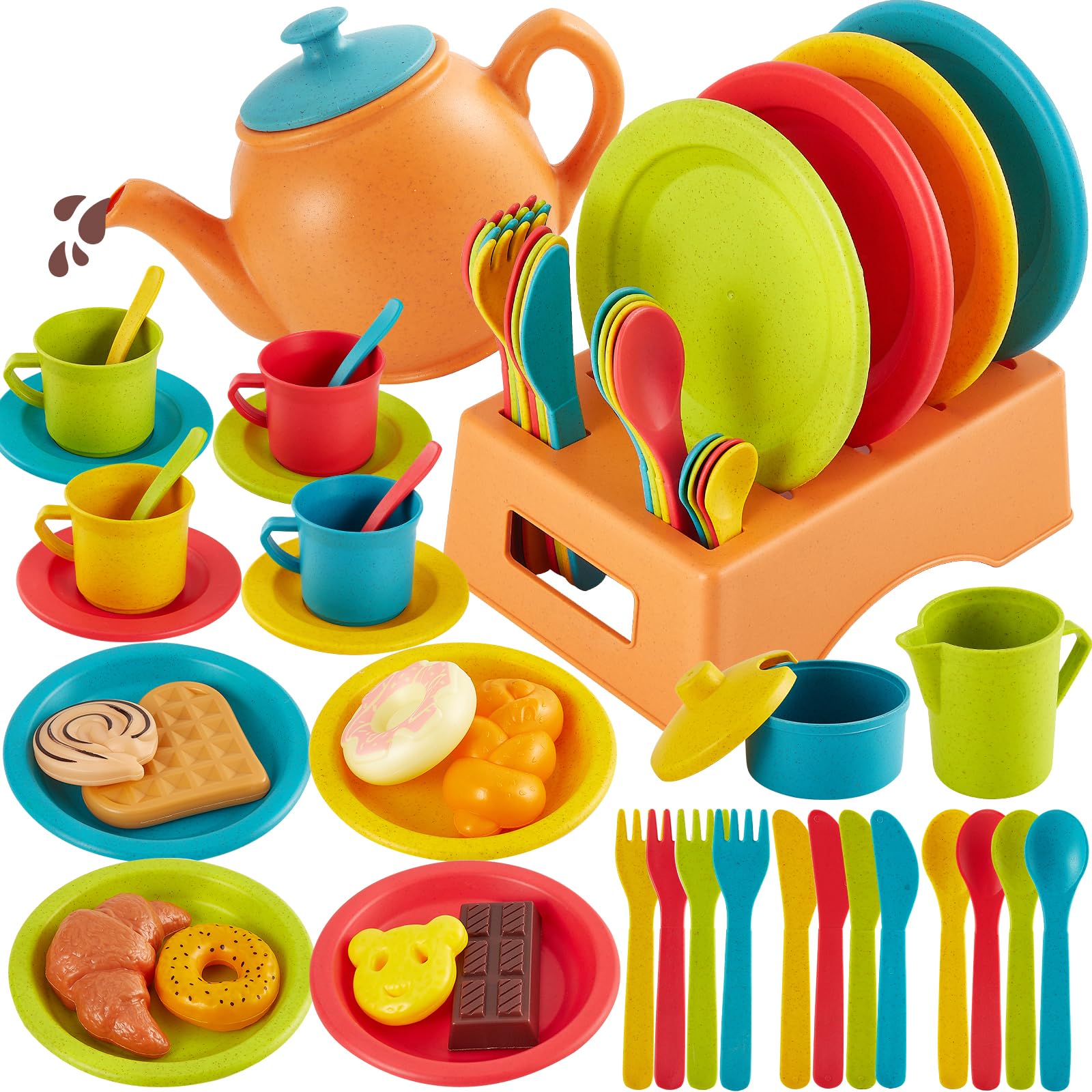 AOLEVA Pretend Play Kitchen Accessories, Children Tea Set Toy, Play Cutlery Dishes Plates Set and Play Food Set Gifts for 3 4 5 Year Old Kids Boys Girls โ image 1