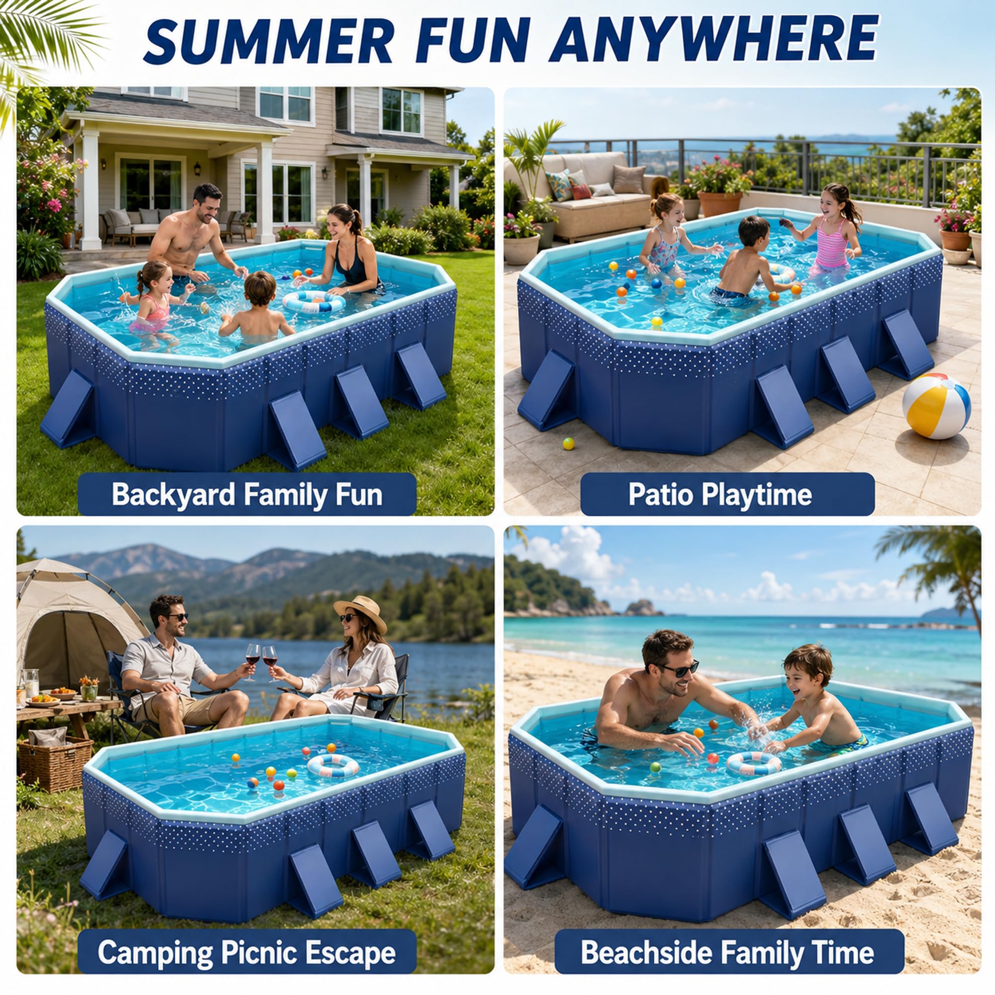 Faltbarer Pool, Nicht Aufblasbares Schwimmbecken Für Kinder & Erwachsene | PVC-Becken, Dreieck-Stützpaneele & Große Abläufe, Garten, Terrasse, Camping(2.1m/6.9ft)