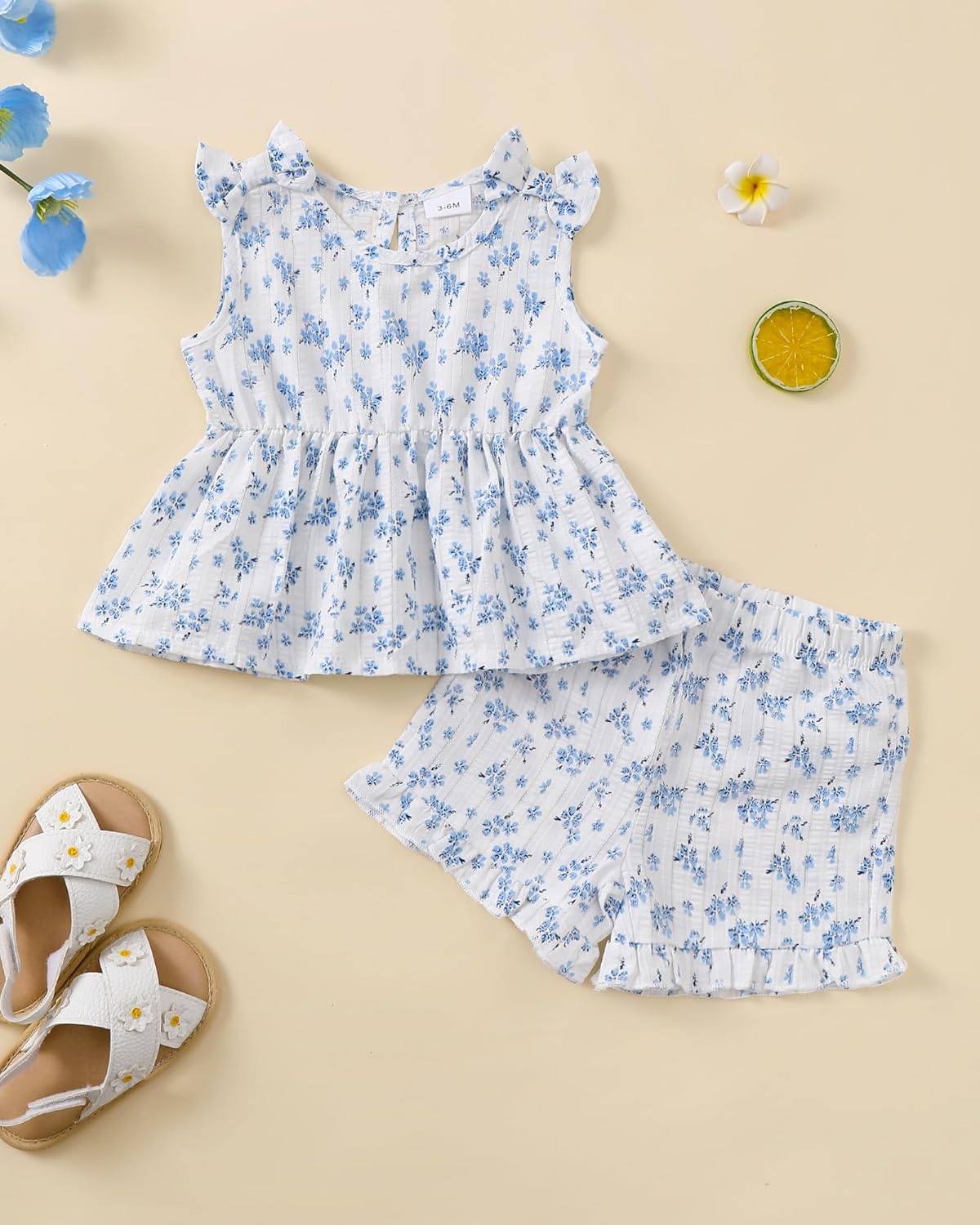 Kucnuzki Cute Toddler Baby Girl Clothes Summer Tank Tops T Shirt Ruffle Trim Kids Shorts 2 Piece Set Floral Print Outfit - Image 2