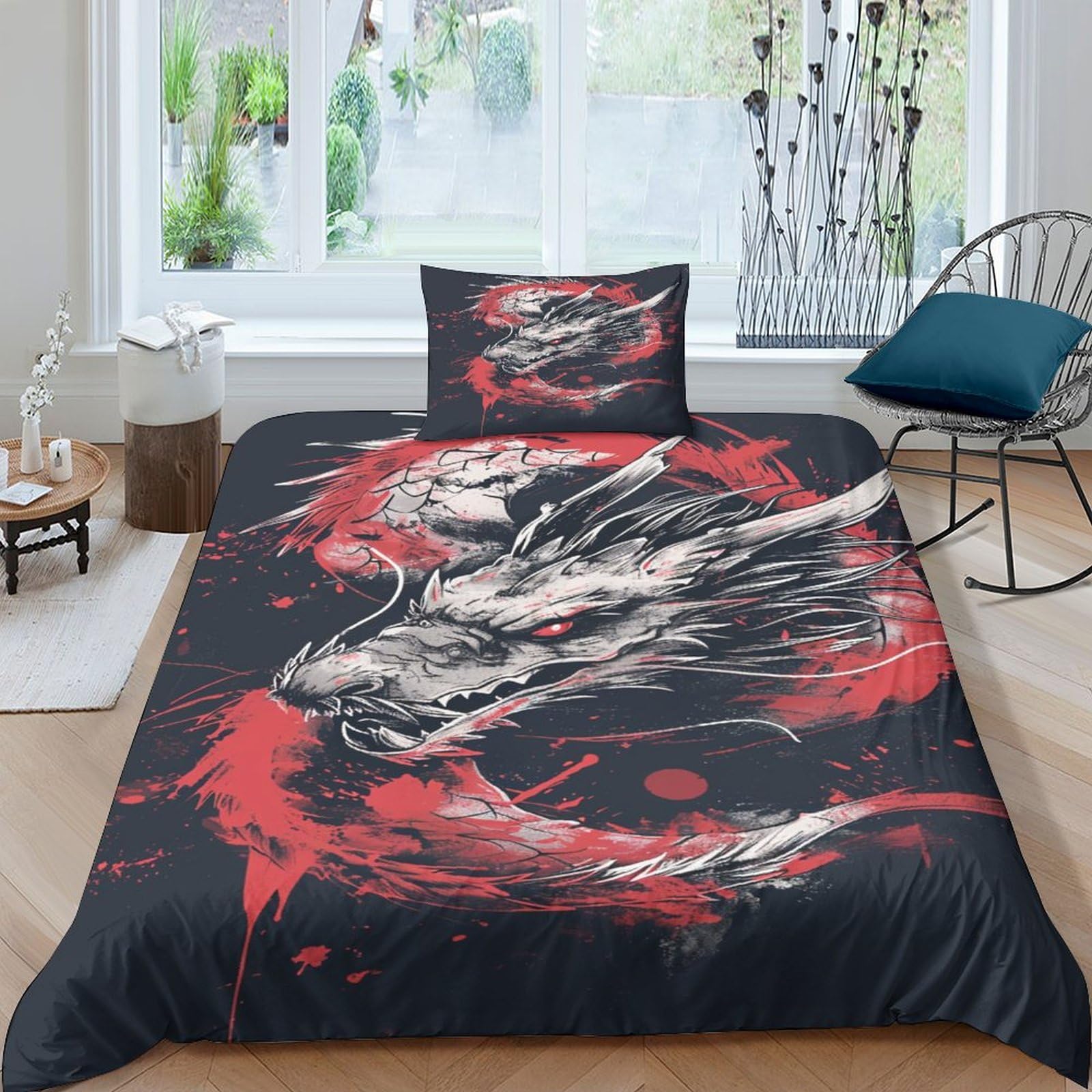 Housse de couette dragon 135x200 parure lit 3 pièces linge doux