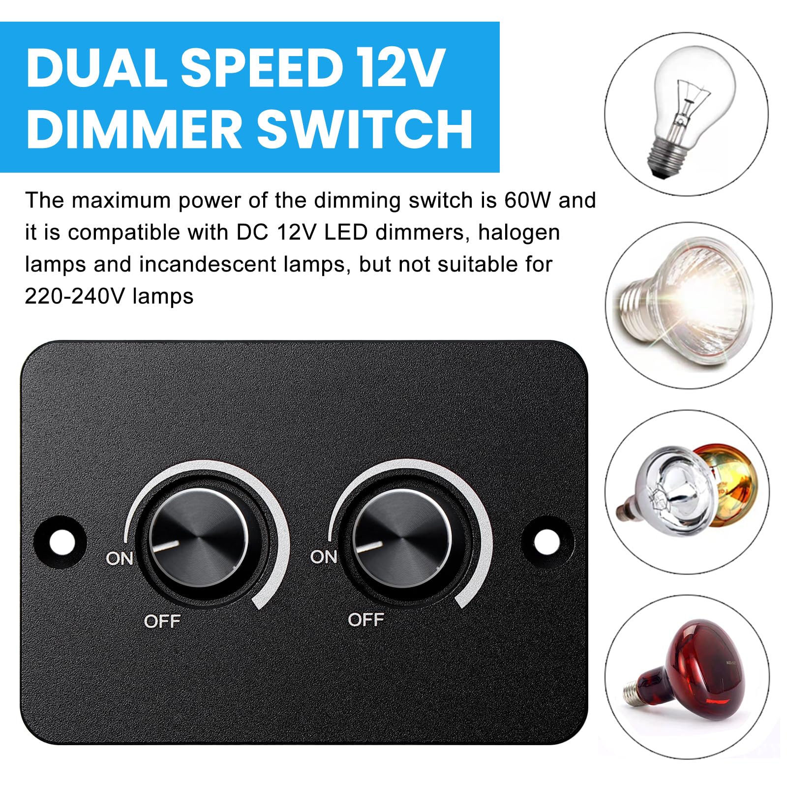 Ściemniacz i przełącznik LED DC 12 V 12-24 V, 5 A, podwójny przełącznik, obrotowy włącznik światła RV, 3 przewody do lamp LED, łodzi, ciężarówek, kamperów, przyczep kempingowych