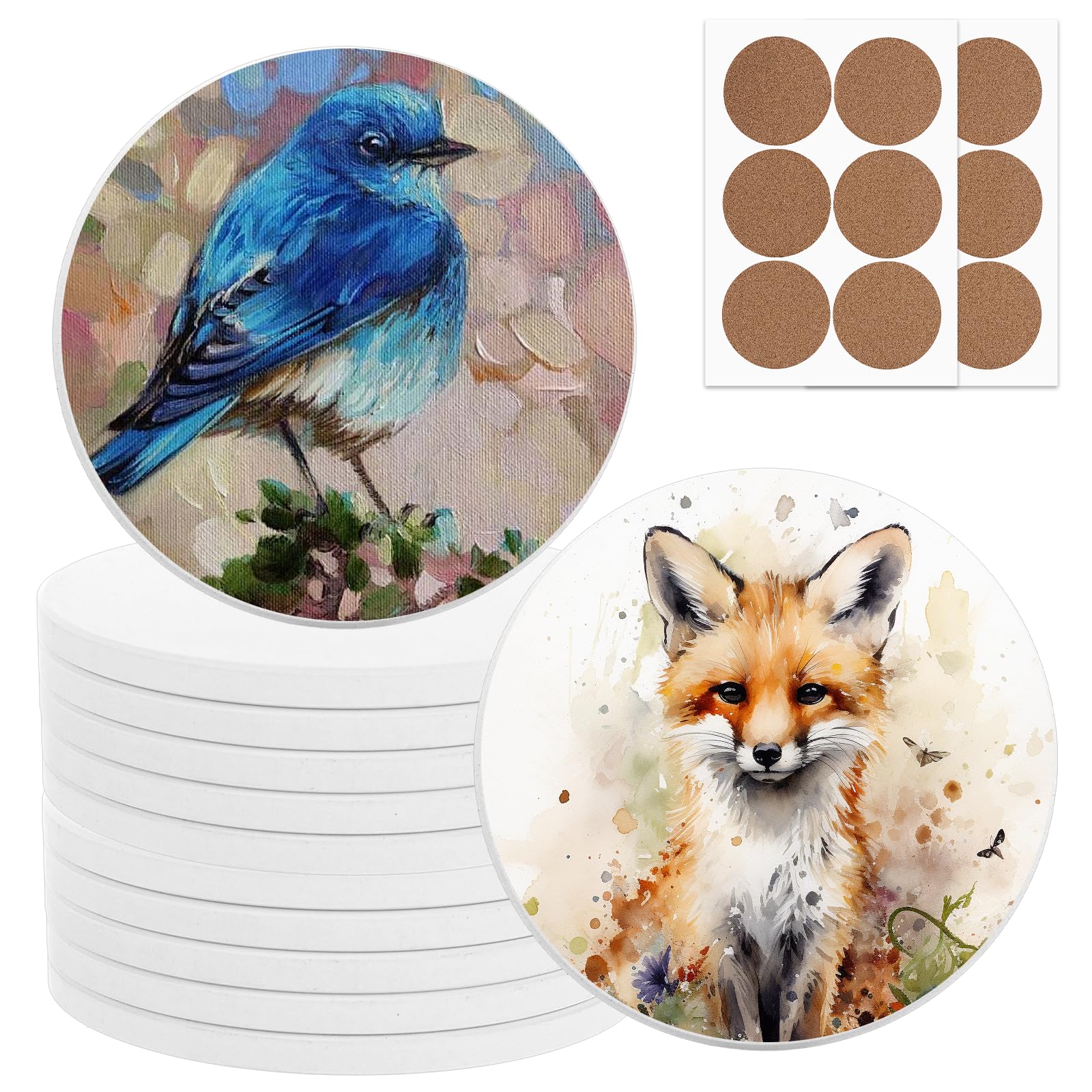 ASelected 12 Pack Ceramic Coasters, 10cm/4inch Round Sublimation Coasters Cork Backed, White Sublimation Blank Coaster Ceramic Coaster Tiles for Crafts, Art, Painting - 7.5mm Thick