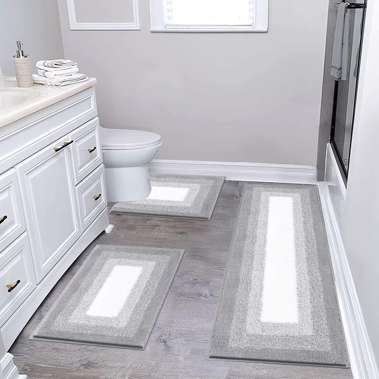 Bsmathom Bathroom Rugs Sets 3 Piece Non-Slip Absorbent Bath Mats Plush Shaggy Microfiber Bath Rug with U-Shaped Contour