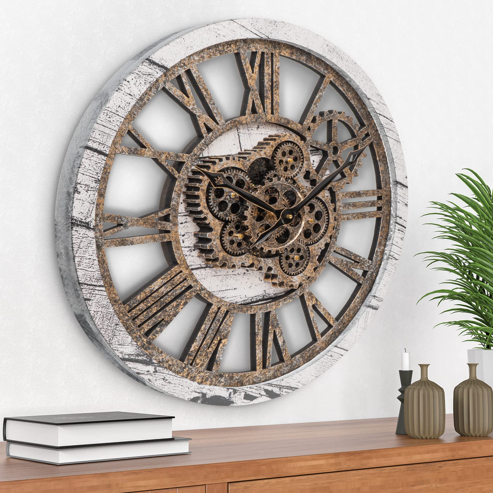 Large Wall Clock, Clocks for Living Room Decor 20 Inch Big Moving Gears Clock Farmhouse Vintage Rustic Wall Clock Vintage Roman Oversized Wall Clock for Home Bedroom House Kitchen Office Wall Decor