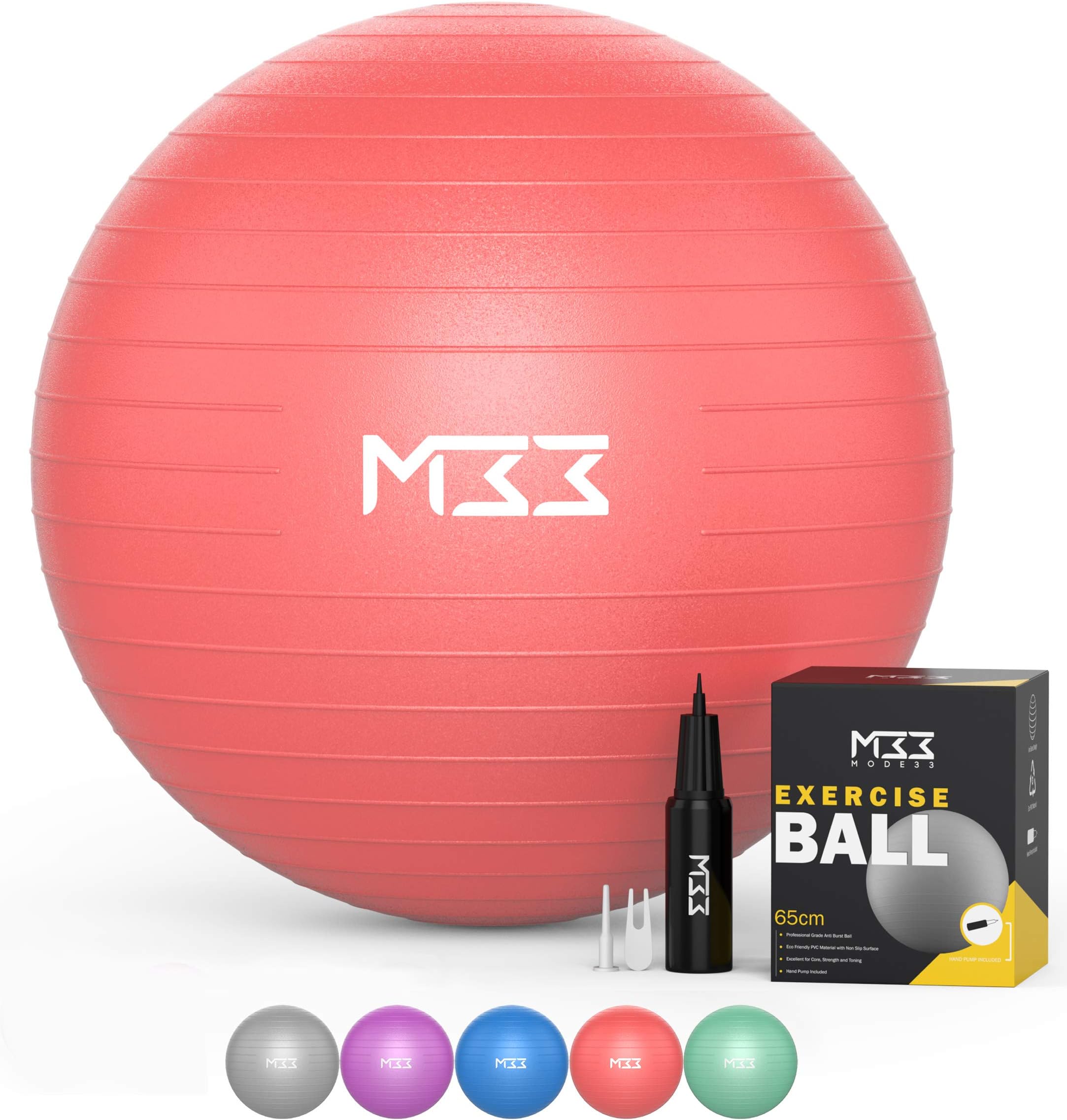 Mode33 Exercise Fitness Ball Set - 55 to 85cm Extra Thick Anti-Burst Yoga Ball with Hand Pump - Gym Ball for Fitness, Pilates, Pregnancy, Labour โ Multiple Colours