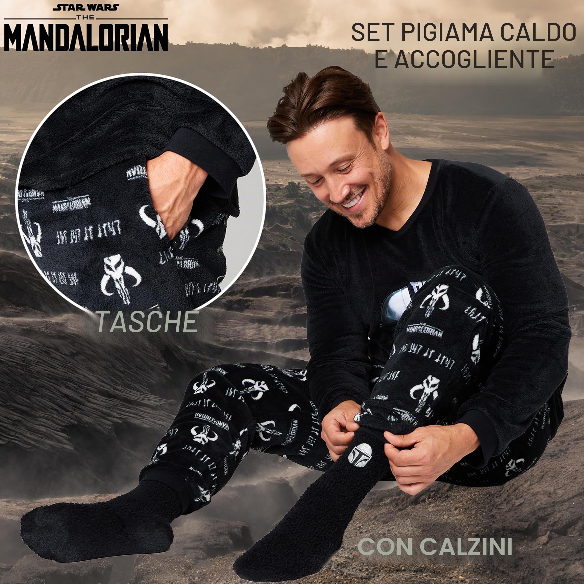 Disney Pigiama Uomo Invernale - The Mandalorian Set Pigiama Uomo Pile con Calze a Pantofola M - 2XL Regalo Natale per Uomini