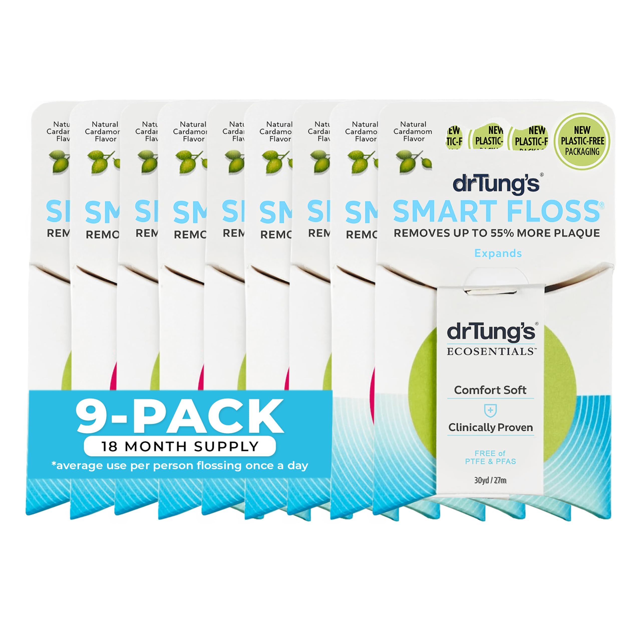 DrTung's Smart Floss - Natural Floss, PTFE & PFAS Free Floss, Gentle on Gums, Expands & Stretches, BPA Free - Natural Dental Floss Cardamom Flavor (Pack of 9)