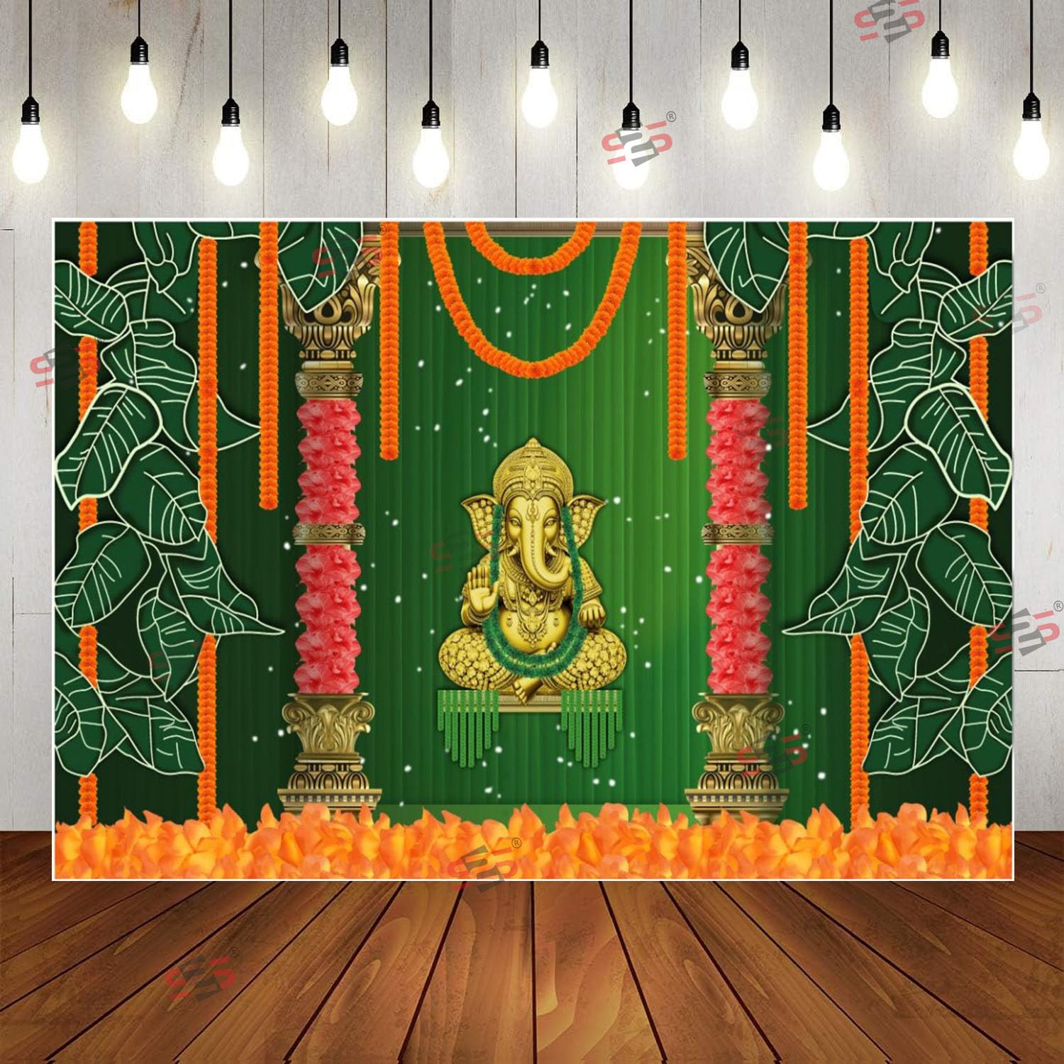 S2S Ganesha Background Decoration Traditional Cloth | Backdrop Curtain Cloth for Pooja | Puja Curtains Decoration 8 Feet Height & 5 Feet Width