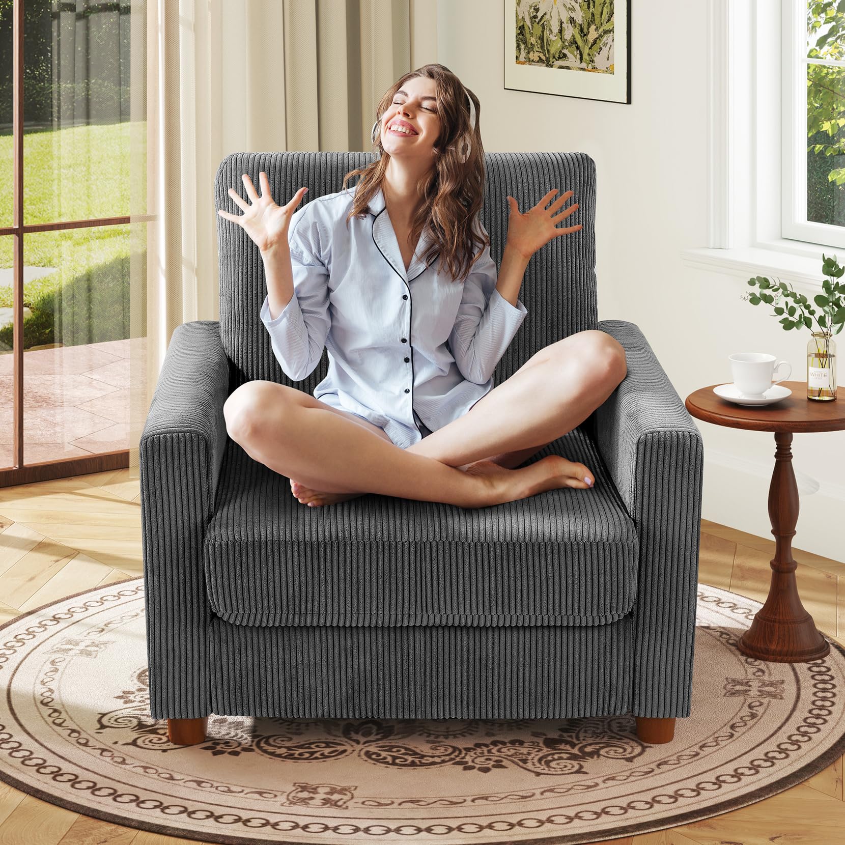 Kidirect 35.5" Corduroy Accent Chair - Extra Deep Seat, Tool-Free Assembly, Removable Covers, Green