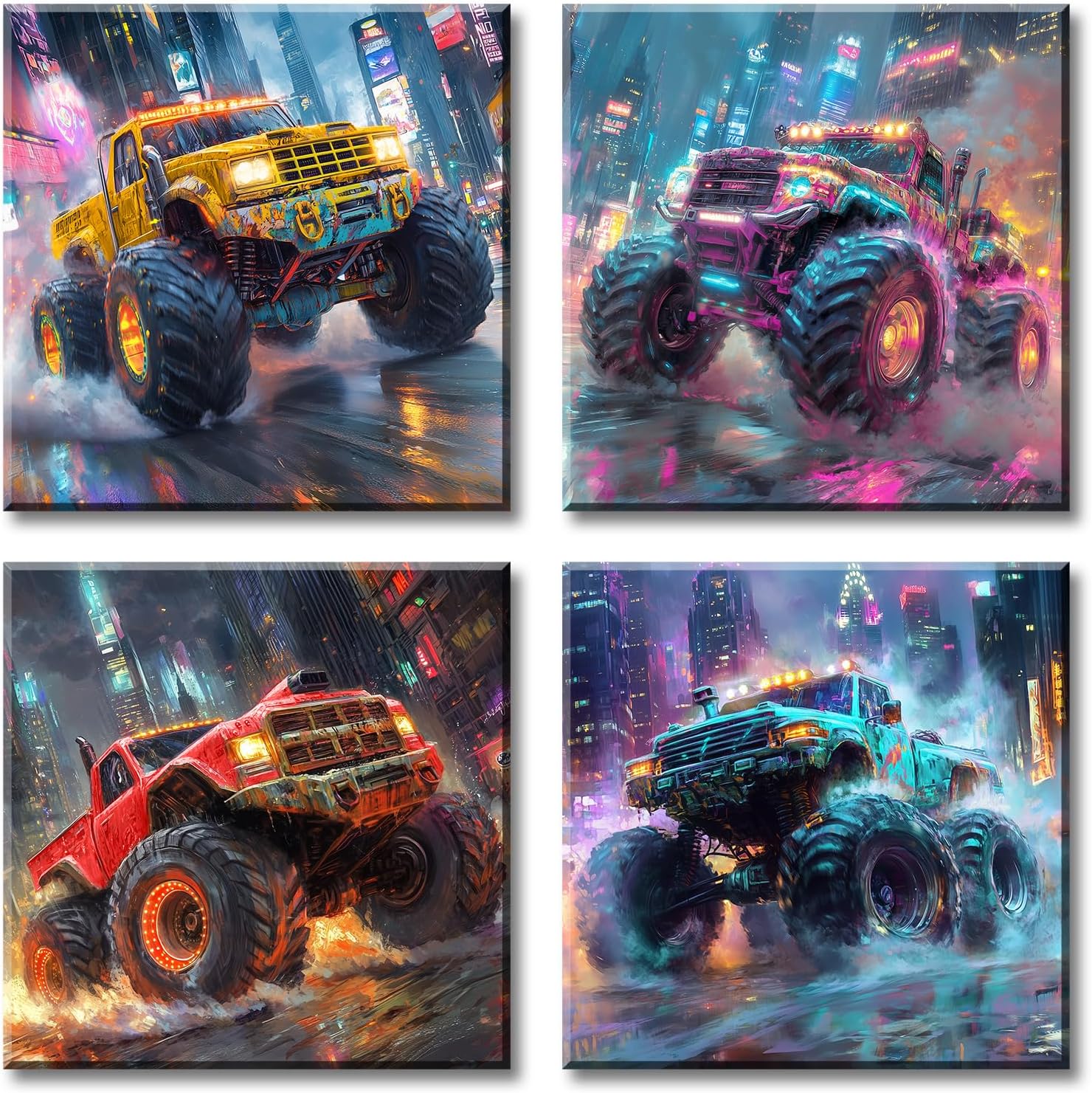 Namoset Car Posters for Boys Room - Monster the Truck Wall Art Cool Truck Car Paintings Canvas Pictures Decor Playroom Farmhouse Man Cave Living Room Home Artwork 12" W×12" H×4 PCS