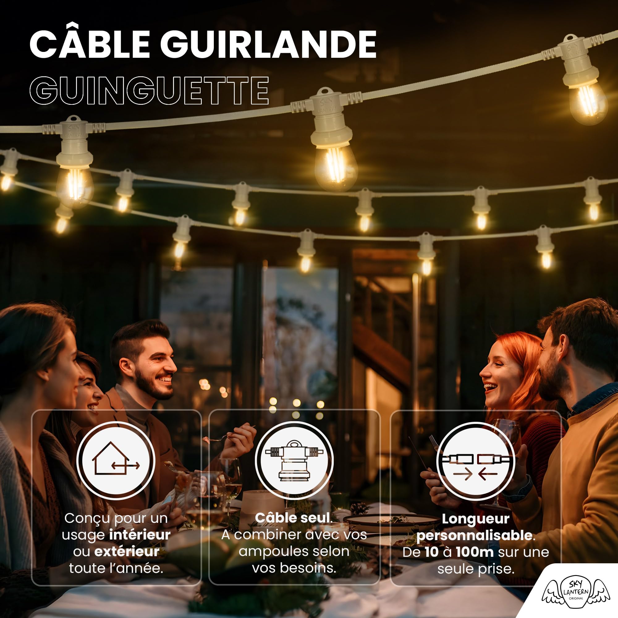SKYLANTERN® Catenaria 10M 10 Portalampada E27 IP65 Bianca Prolungabile - Catena Luminosa Esterno Professionale per Terrazza Giardino Bar Matrimonio